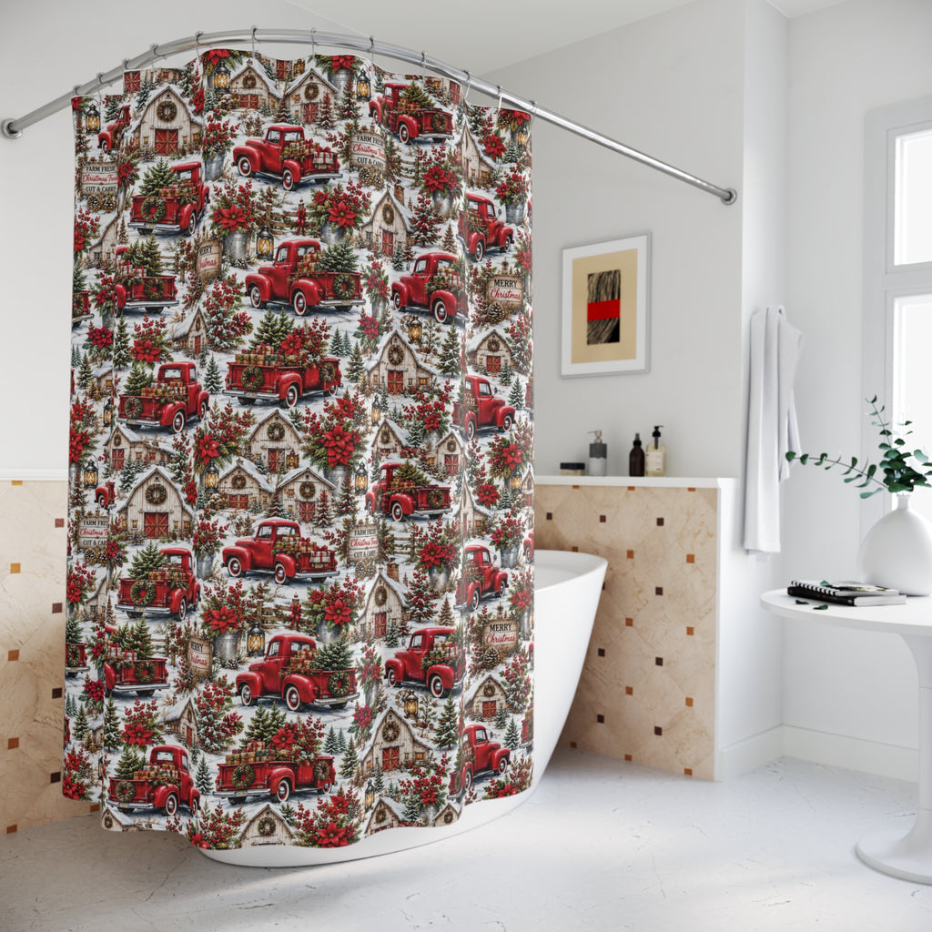 Rustic Red Truck Farmhouse Christmas Shower Curtain