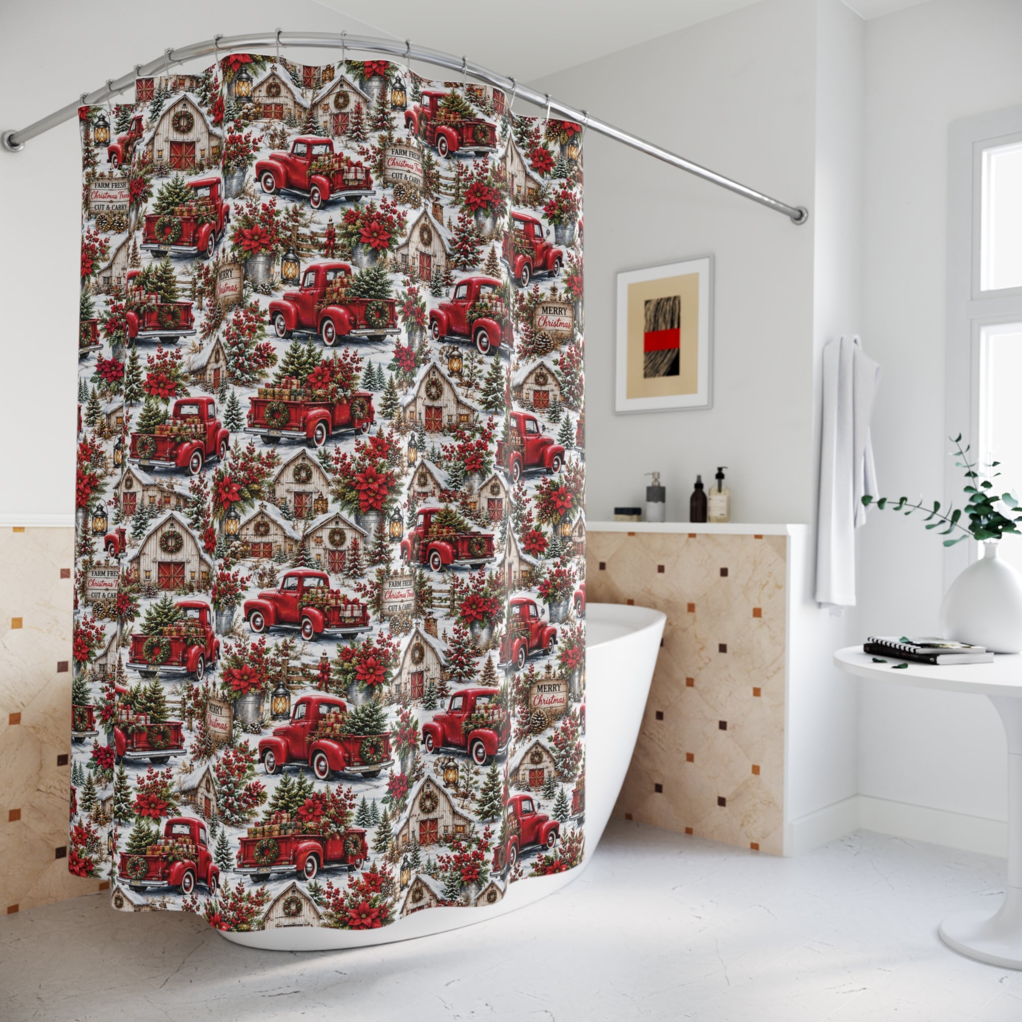 Rustic Red Truck Farmhouse Christmas Shower Curtain