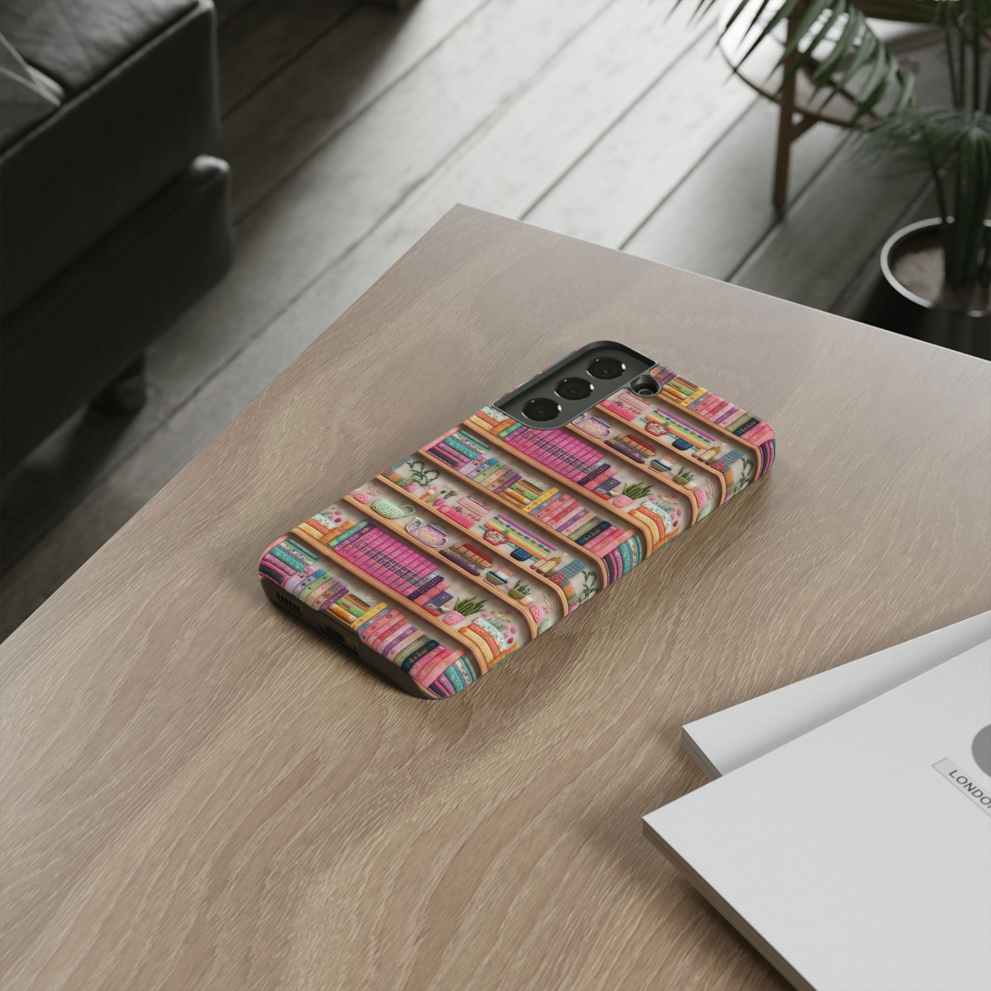 Whimsical 3D Embroidery Illusion Books on Pastel Shelves Phone Case for iPhone, Samsung & Pixel: Unique Accessory for Literary Enthusiasts Gift for Her Perfect for Floral Lover