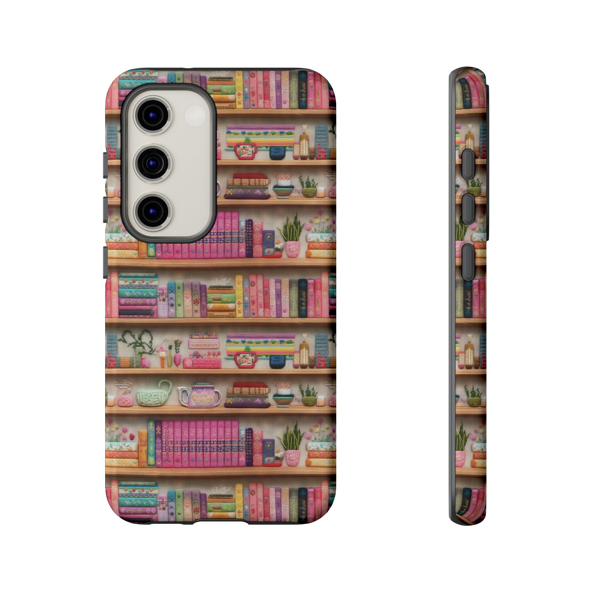 Whimsical 3D Embroidery Illusion Books on Pastel Shelves Phone Case for iPhone, Samsung & Pixel: Unique Accessory for Literary Enthusiasts Gift for Her Perfect for Floral Lover