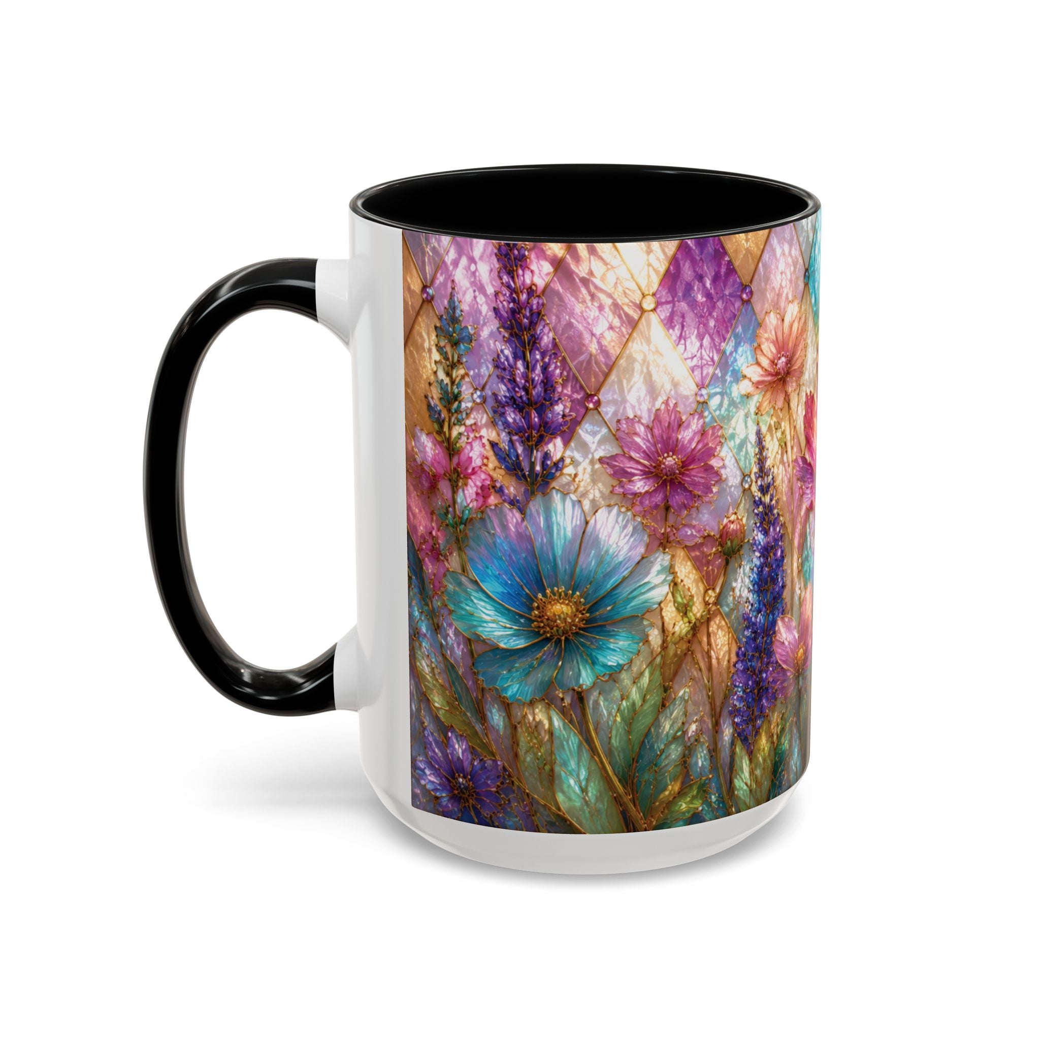 Floral Mosaic Accent Coffee Mug — Colorful Garden Flowers 11/15oz Stain Glass Illusion