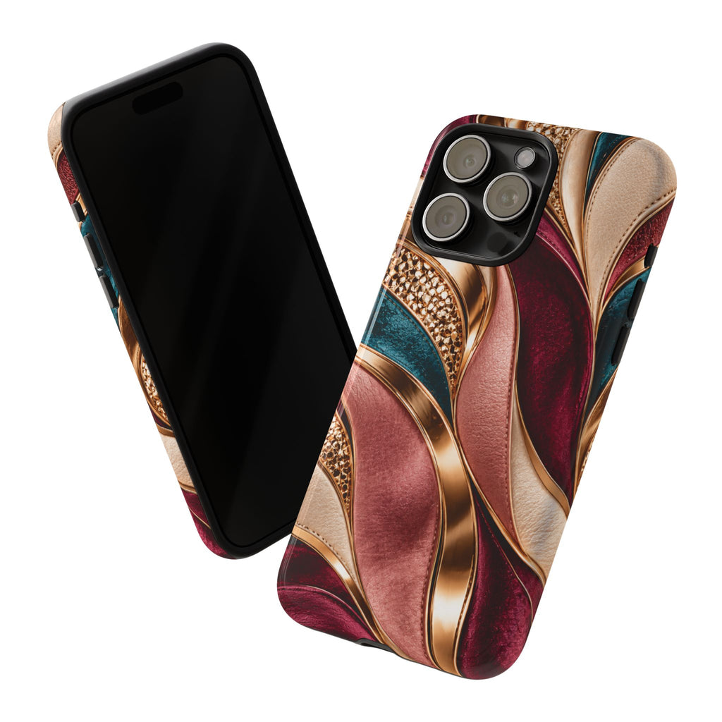 Lux Marble Waves Phone Case Metallic Burgundy, Teal Gold Protective Cover iPhone 18