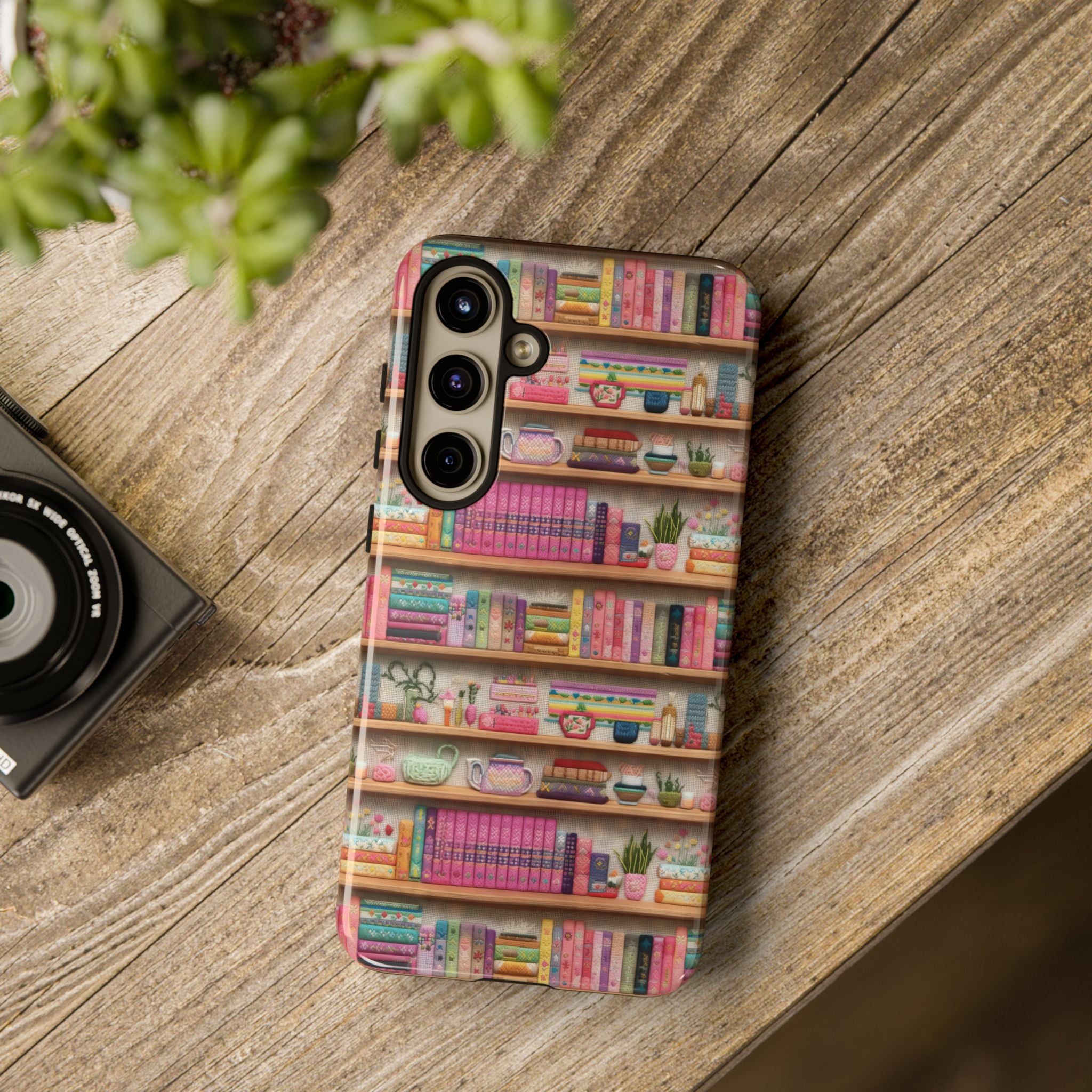 Whimsical 3D Embroidery Illusion Books on Pastel Shelves Phone Case for iPhone, Samsung & Pixel: Unique Accessory for Literary Enthusiasts Gift for Her Perfect for Floral Lover