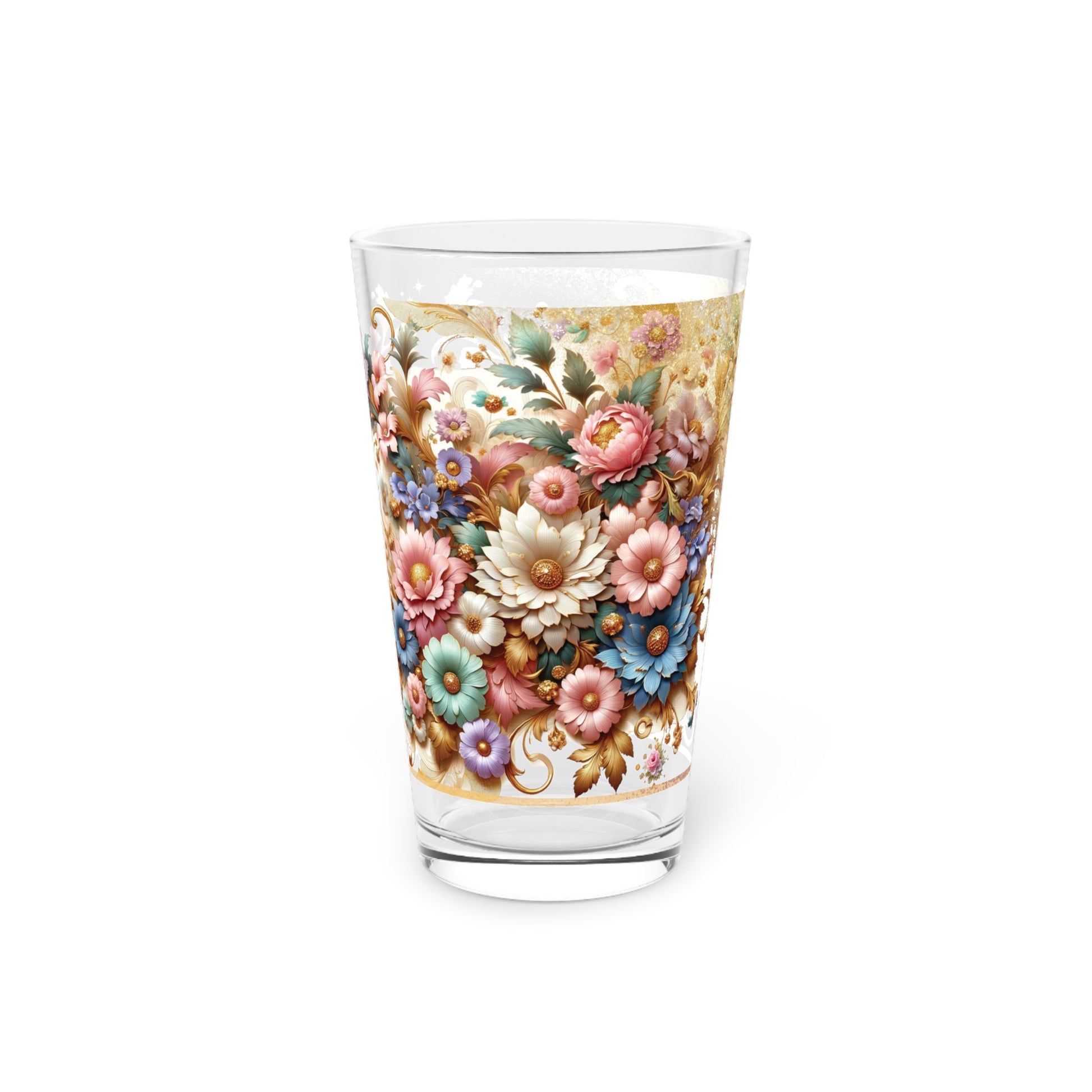 Watercolor Gold Pink Purple Floral 16oz Pint Glass Delicate Blooms for Refreshing Sips Art Gifts, Party Drinkware, Cocktail Glass Housewarming Perfect Gift Party Drinkware, Cocktail, Wedding Perfect for Parties Glassware, New House Gift.