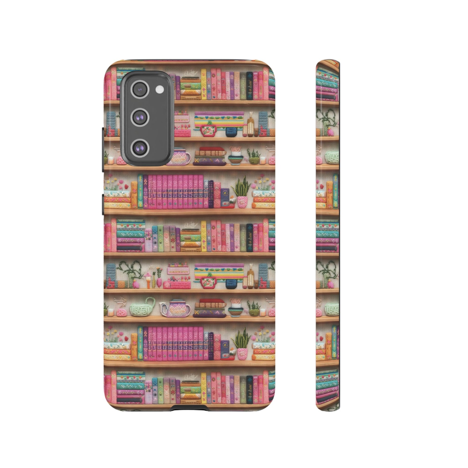Whimsical 3D Embroidery Illusion Books on Pastel Shelves Phone Case for iPhone, Samsung & Pixel: Unique Accessory for Literary Enthusiasts Gift for Her Perfect for Floral Lover