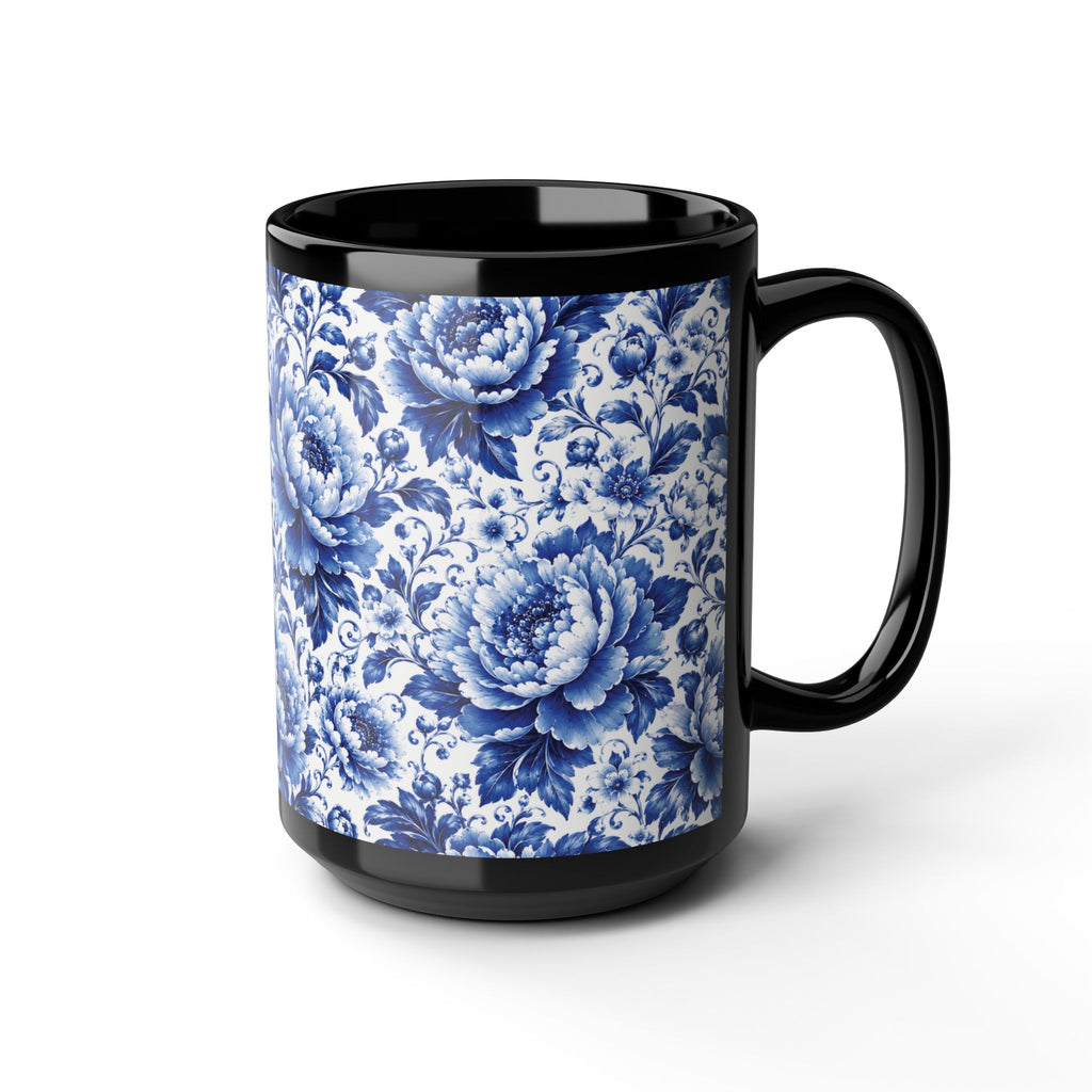 Blue Floral Porcelain Pattern Mug Elegant Black Ceramic Coffee Cup (11oz/15oz) Blue & White Chinoiserie Tea Cup