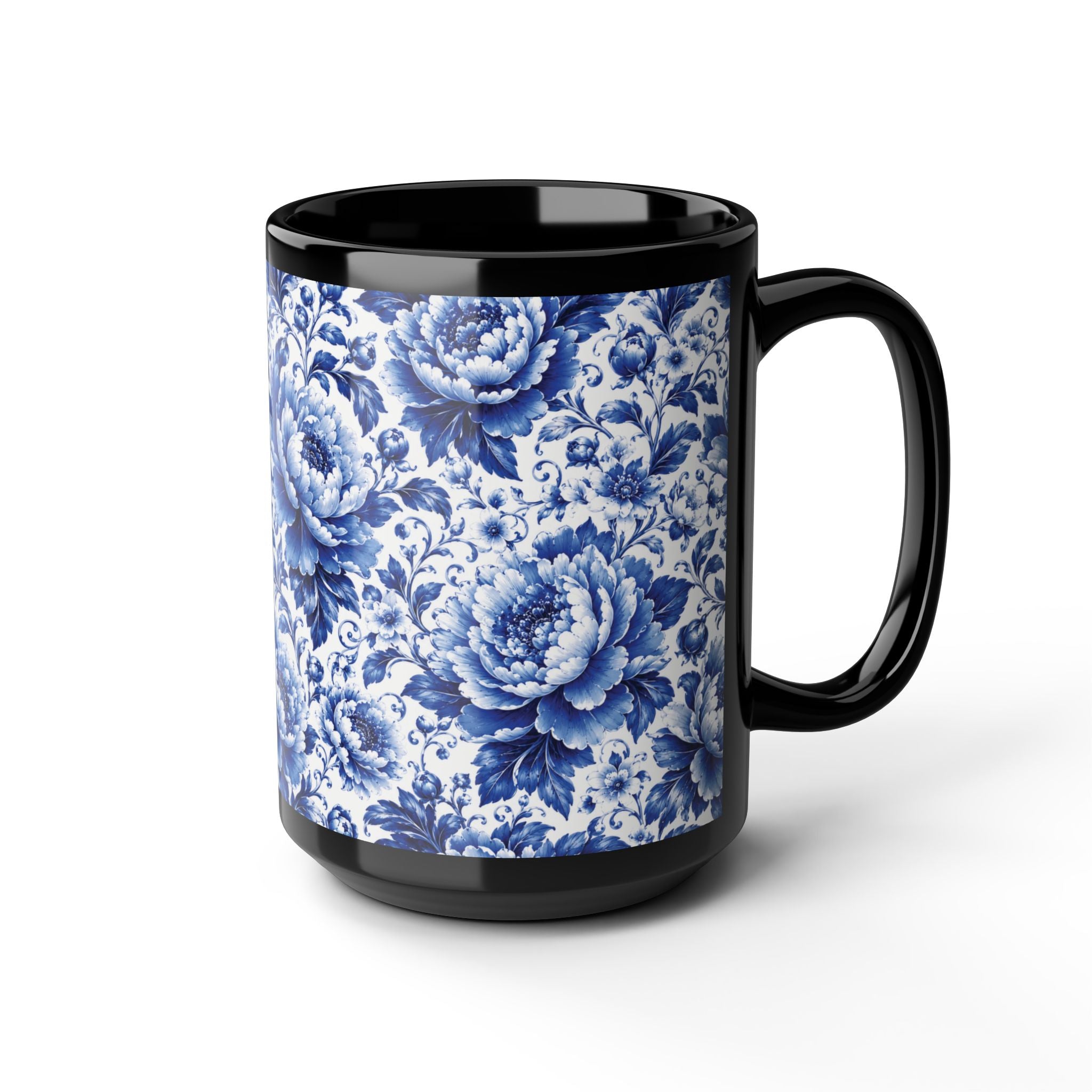 Blue Floral Porcelain Pattern Mug Elegant Black Ceramic Coffee Cup (11oz/15oz) Blue & White Chinoiserie Tea Cup