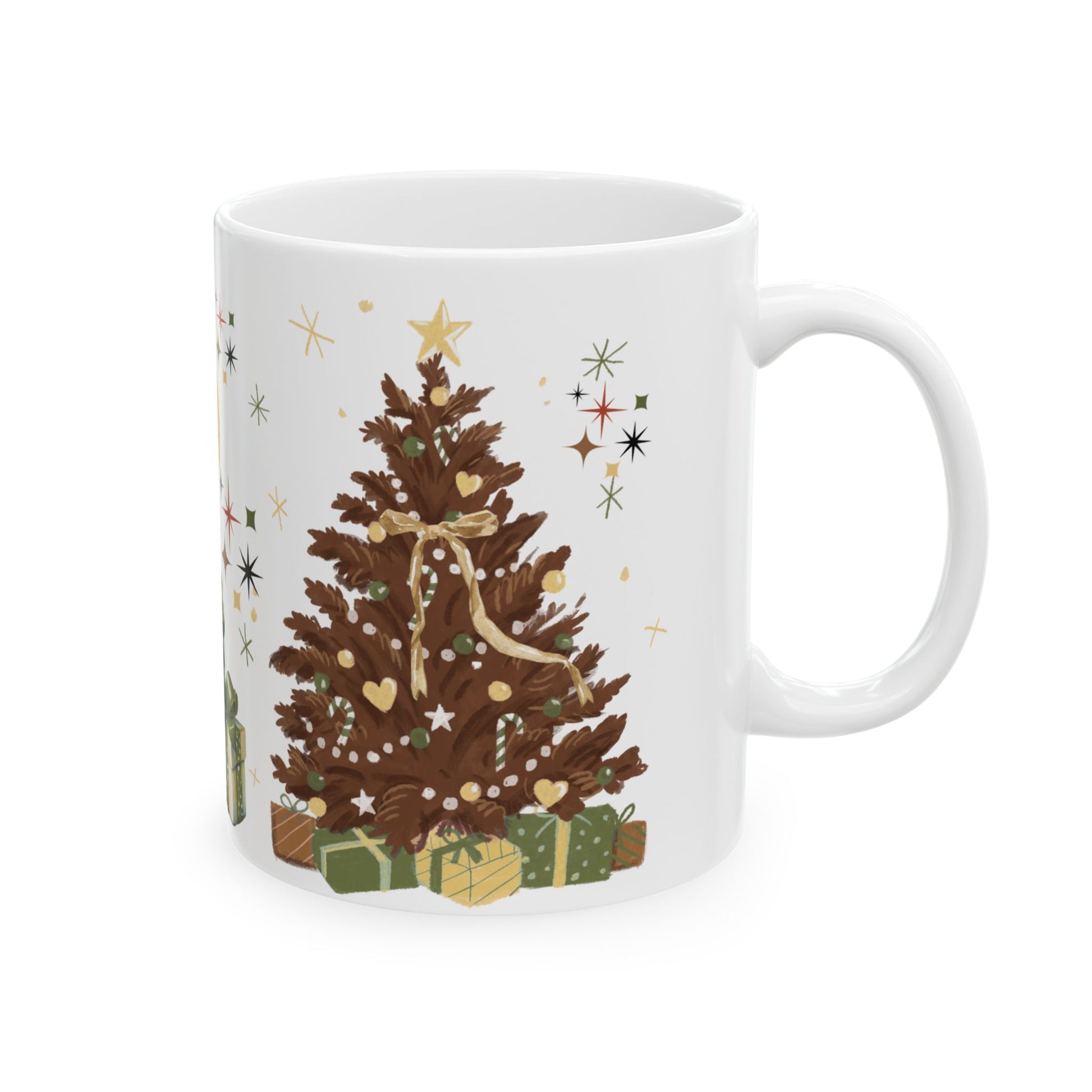 White mug with a Christmas tree and presents design on a white background