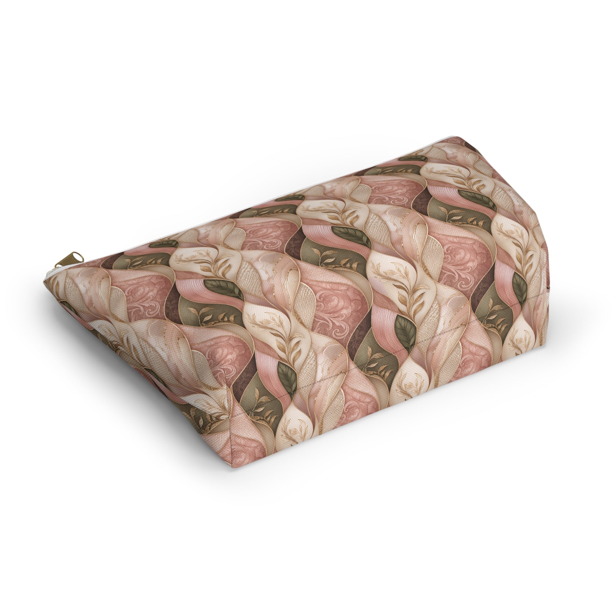 Braided Floral Accessory Pouch — Pink & Olive T‑Bottom Cosmetic Bag