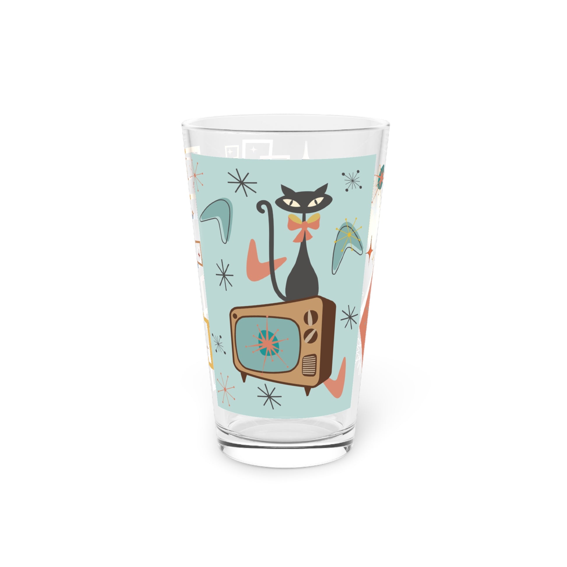 Atomic Cat 16oz Pint Glass Mid-Century Modern Retro Style for Cocktails, Mocktails, Beer, and Water Perfect for Every Occasion Mother's Day Party Drinkware, Housewarming Perfect Gift Party Drinkware, Cocktail, Wedding Perfect for Parties - MRSBYVALLE