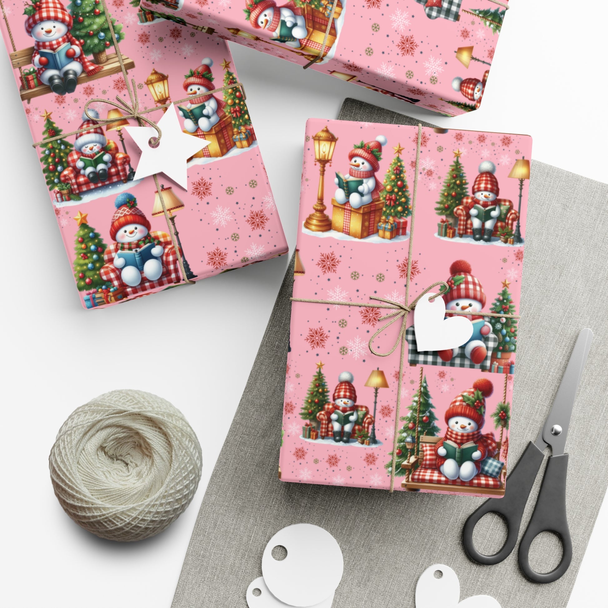 Pink Christmas Snowman Wrapping Paper with Adorable Pink Bows Perfect for Whimsical Christmas Gift Wrap | Festive Holiday Present Wrapping Sheets - MRSBYVALLE