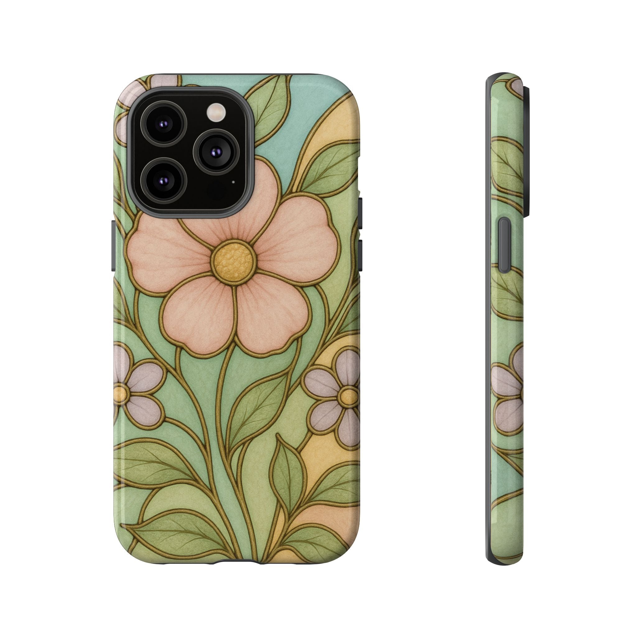 Pastel Pink, Yellow Stain Glass Illusion Floral Phone Case  Romantic Cottagecore Aesthetic, Soft Botanical Design, Protective Gift for Her, Fits iPhone & Samsung Models