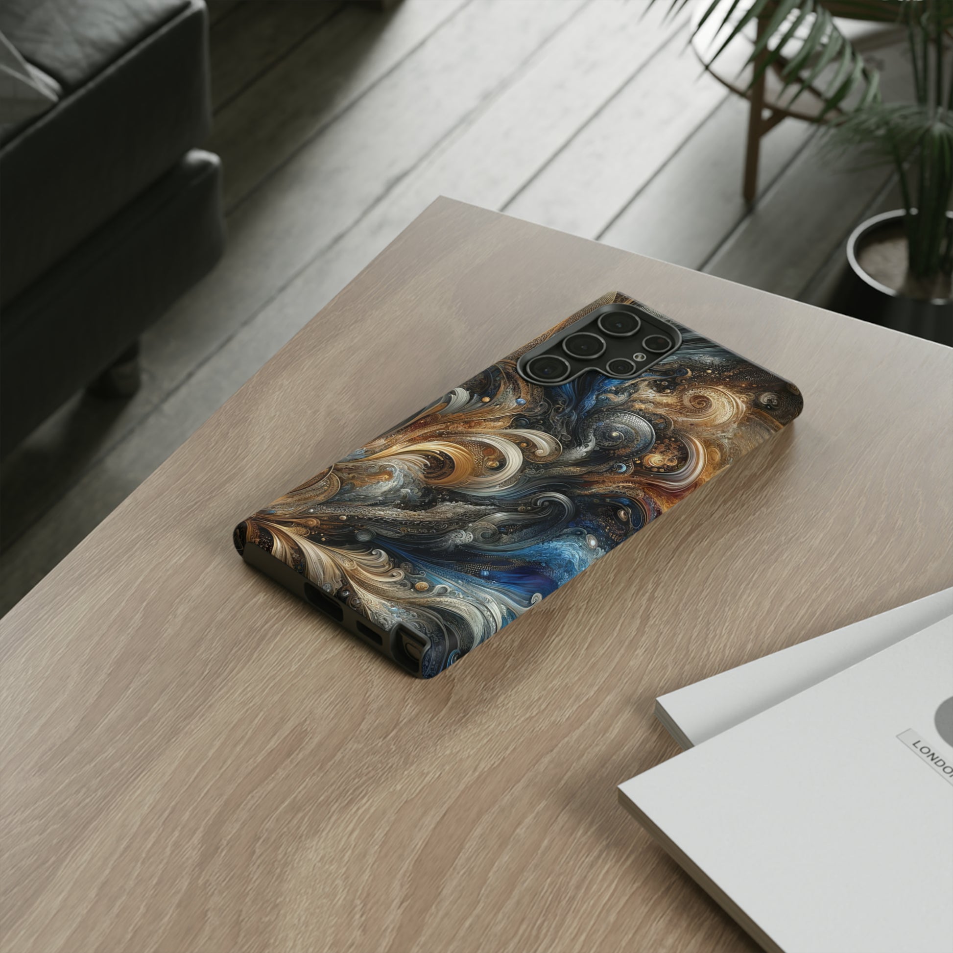 Gold and Navy Art Design Luxury Phone Tough Case Floral Elegant Durable Stylish for Modern Devices iPhone 15, Samsung iPhone Samsung Accessory Gift for Her.