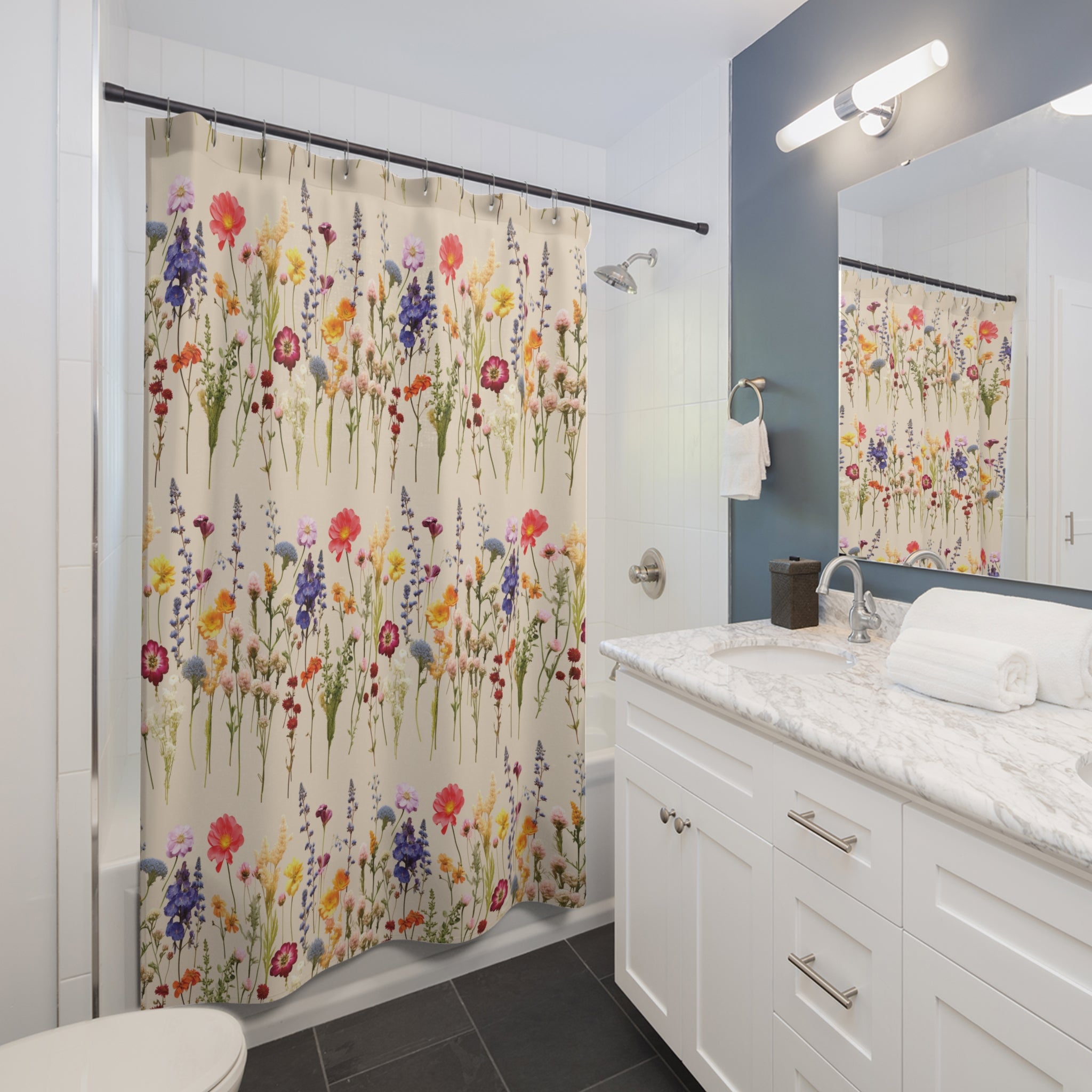 Boho Wildflower Shower Curtain, Floral Bathroom Decor, Botanical Cottage Style, Nature Lover Gift, Bohemian Flower Fabric Bath Curtain Gift Newlywed