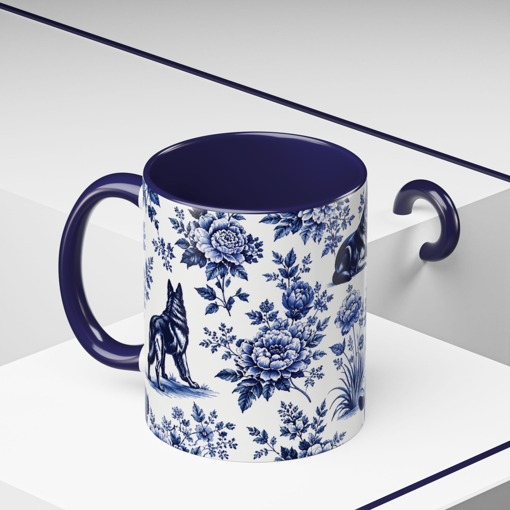 Elegant German Shepherd Floral Mug | Luxury Blue Toile Coffee Mug 11/15oz Accent Ceramic