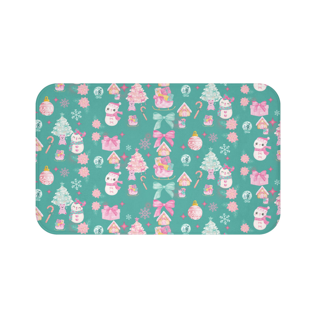 Glam Christmas Bath Mat – Pink and Turquoise Holiday Bathroom Decor, Soft Non-Slip Mat for Festive Vibes, Cozy  Stylish Winter Accent