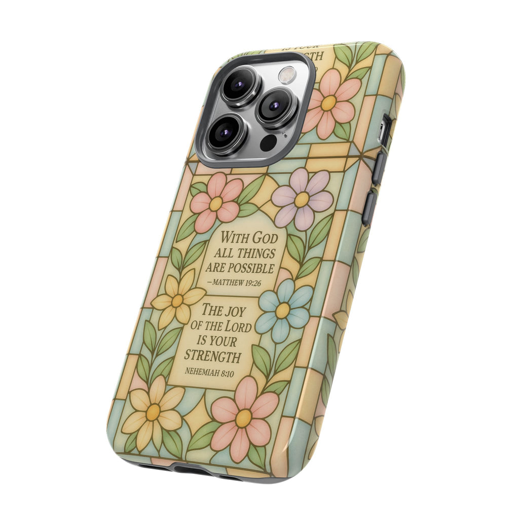Pastel Stained Glass Bible Verse Phone Case Christian Affirmation Cover, Soft Geometric Design, iPhone Samsung Google, Faith Gift for Her Bible Verse or Affirmation | Protective, Inspirational Gift for Christians