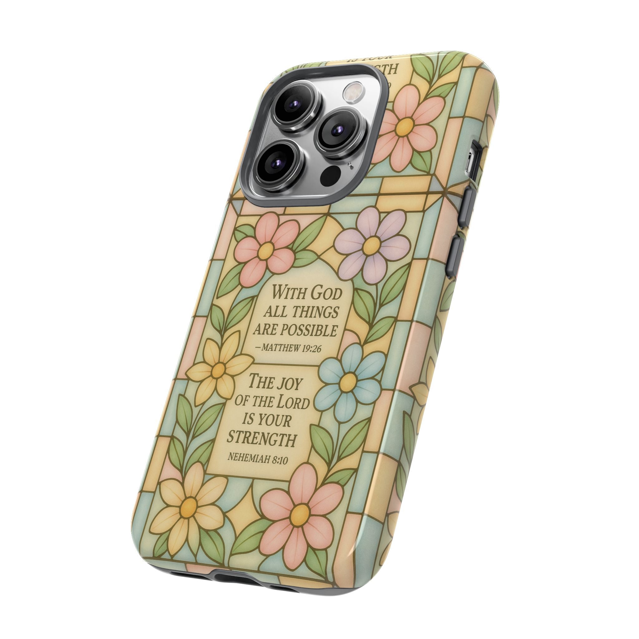 Pastel Stained Glass Bible Verse Phone Case Christian Affirmation Cover, Soft Geometric Design, iPhone Samsung Google, Faith Gift for Her Bible Verse or Affirmation | Protective, Inspirational Gift for Christians