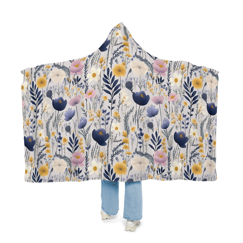 Blue & Yellow Floral Hooded Blanket – 3D Illusion Cozy Throw, Soft Sherpa Gift for Her, Warm Winter Blanket for Couch or Bed Gift Idea