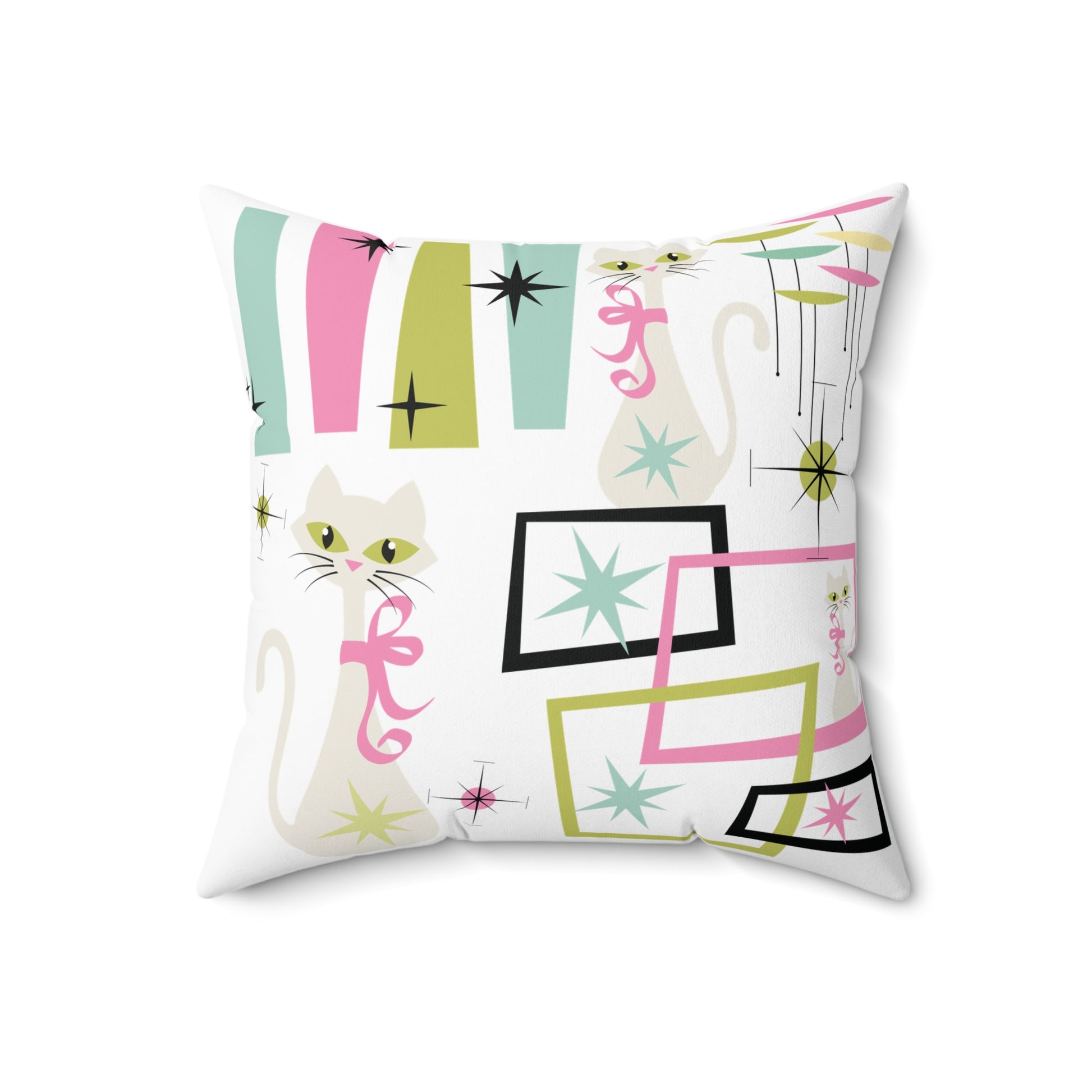 Mid-Century Modern Atomic Kitty Cats Square Pillow – Retro 50s Pastel Design, Vintage-Inspired Home Decor for a Chic & Cozy Touch!  Perfect for Home Decor & Gifting Sofa Decor 100% Polyester with Double-Sided Print