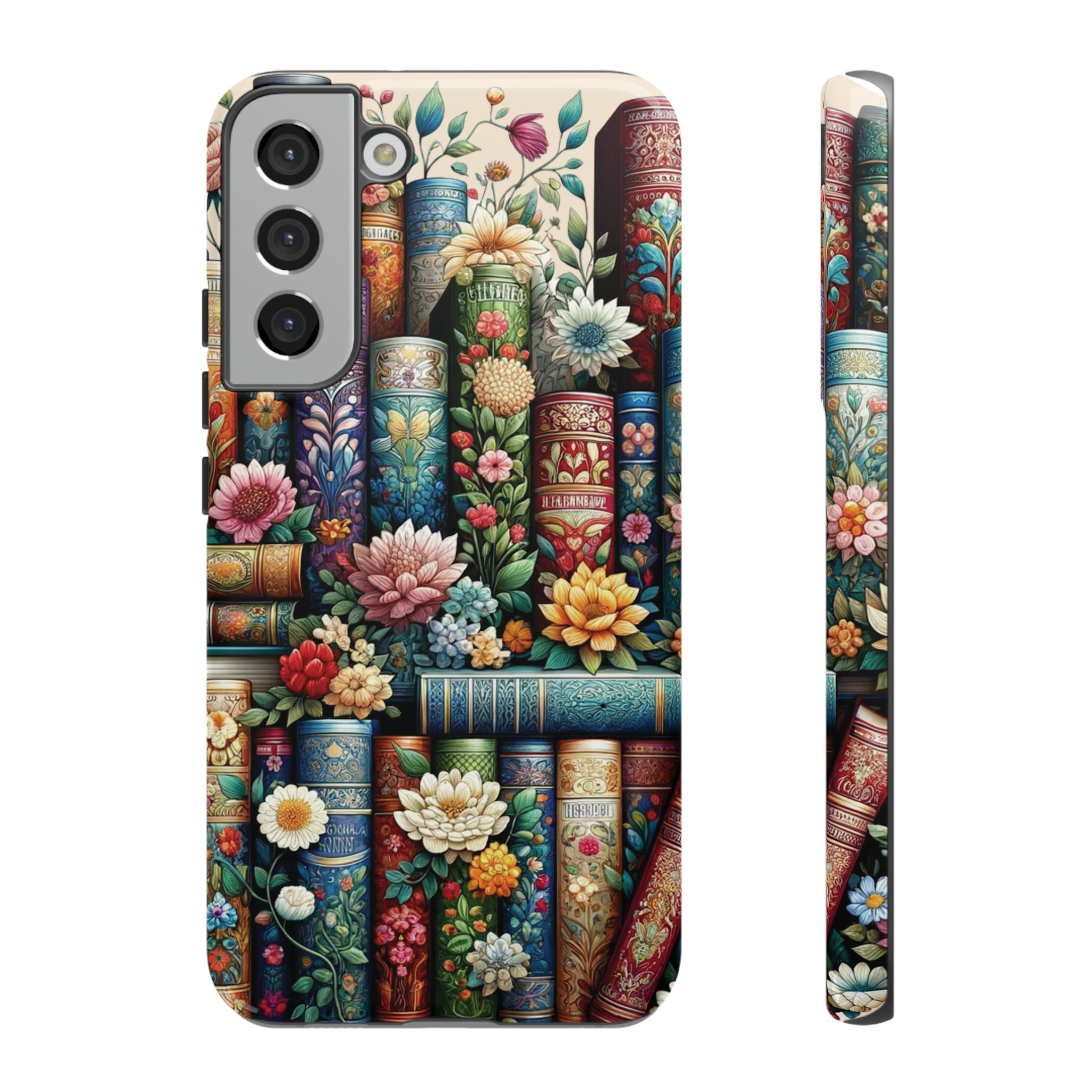 Books and Floral Boho Luxury Phone Tough Case Floral Elegant Durable Stylish for Modern Devices iPhone 15, Samsung iPhone Samsung Accessory Gift for Her.