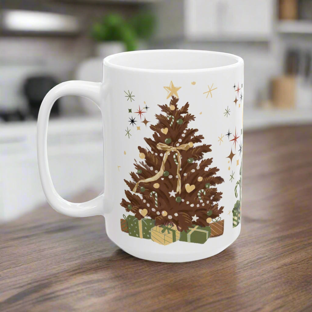 Brown Christmas Tree Mug, 11oz  15oz Holiday Coffee Cup, Rustic Winter Mug, Cozy Hot Chocolate Mug, Christmas Gift Idea, Festive Morning Vibes