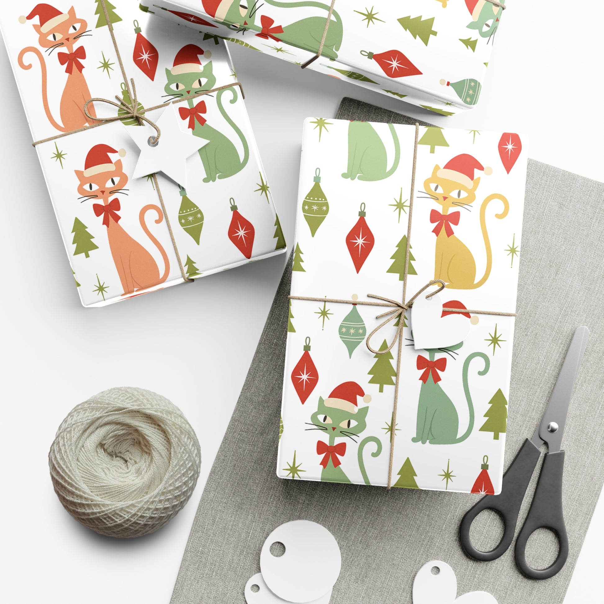 Christmas Atomic Cat Wrapping Paper, Retro Gift Wrap, Pastel Mid-Century Kitty Design, Vintage Holiday 30x20, 30x72, 30x144 Perfect for all Occasion