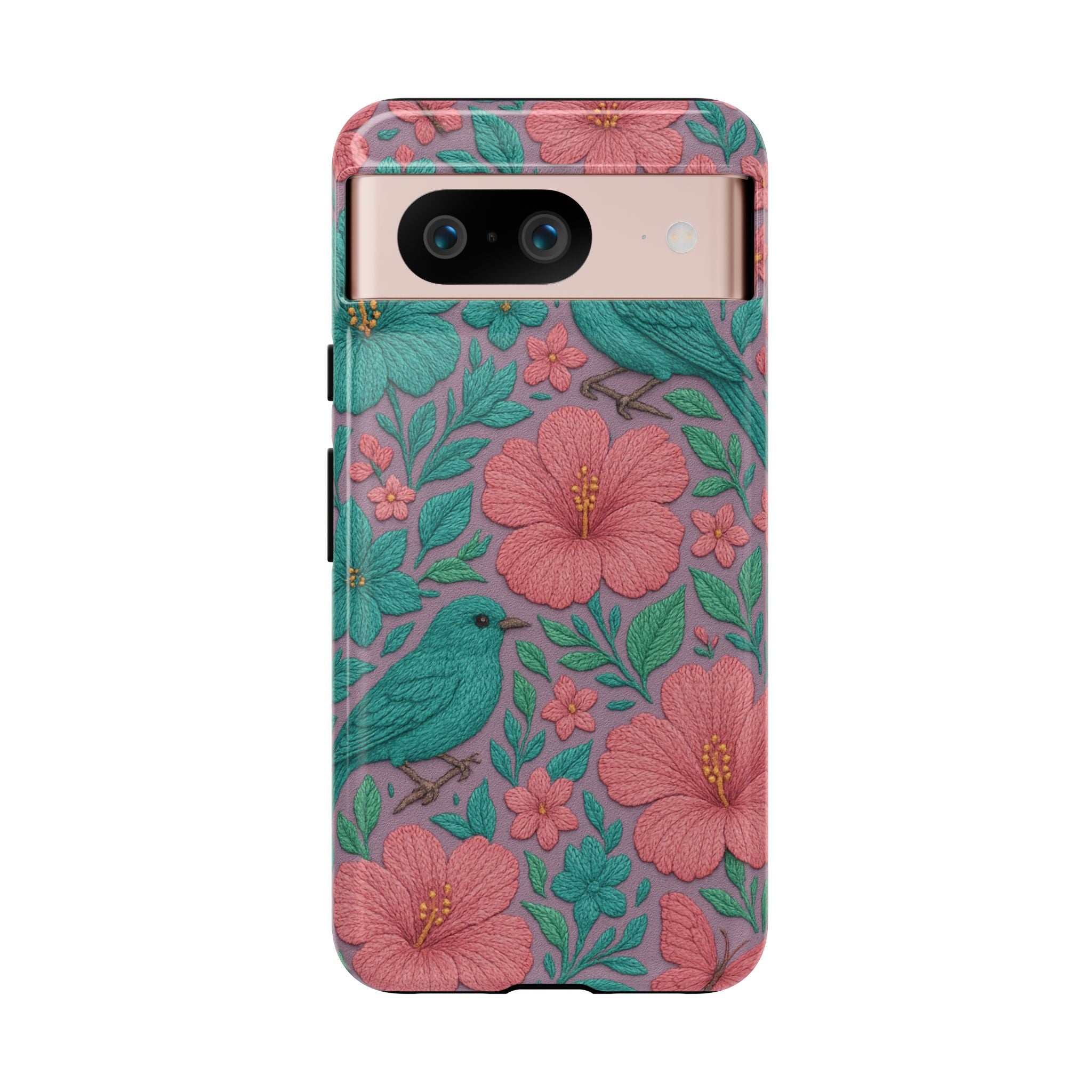 Turquoise, Pink and Lavender 3D Embroidery Illusion Phone Case Tropical Flowers, Birds & Butterflies Cover with Bold, Realistic Floral Texture iPhone, Samsung