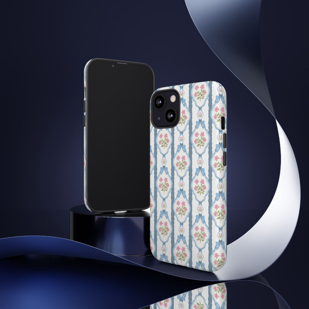 Coque de téléphone Vintage Nœud Bleu et Rose — Motif floral romantique « Tough Cases »