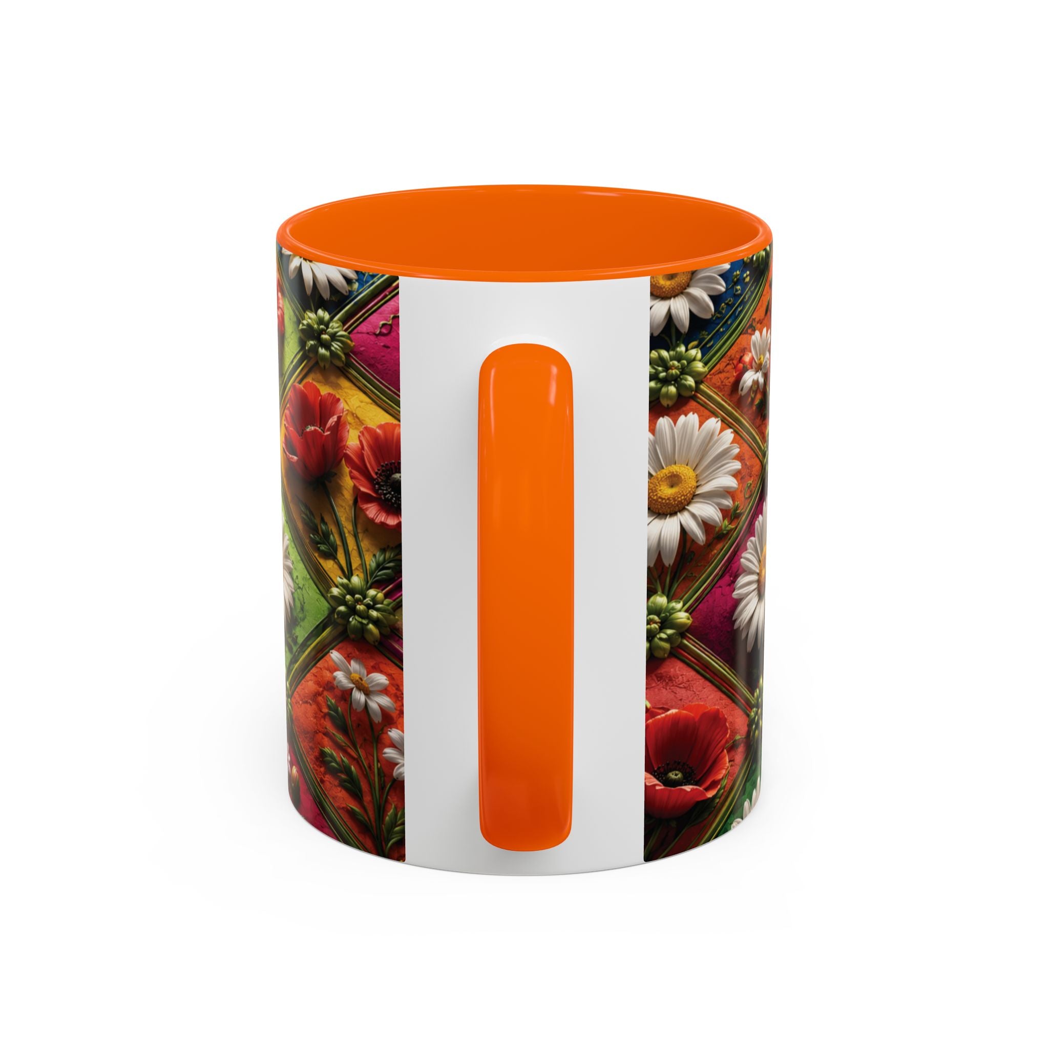 Floral Patchwork Accent Coffee Mug — Colorful Poppies & Daisies (11/15oz) 3D Illusion