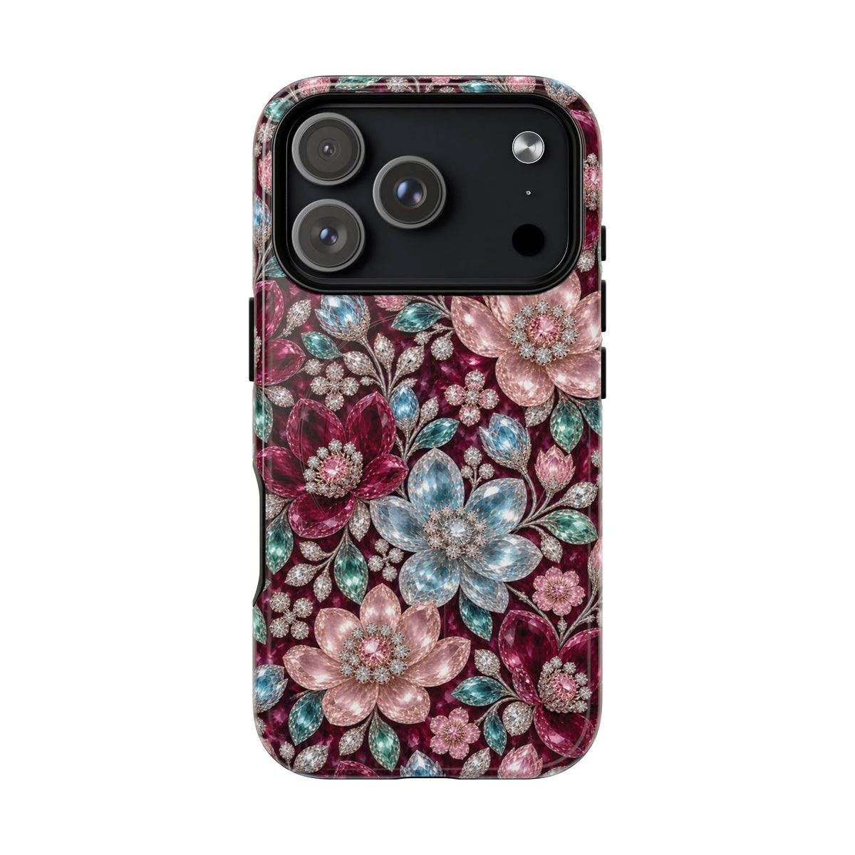 Floral faux Jewel Phone Case Sparkling Burgundy Flower Tough Magnetic Case 18 iPhone