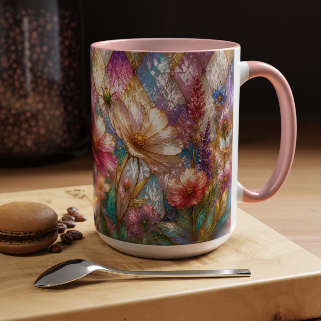 Floral Mosaic Accent Coffee Mug — Colorful Garden Flowers 11/15oz Stain Glass Illusion