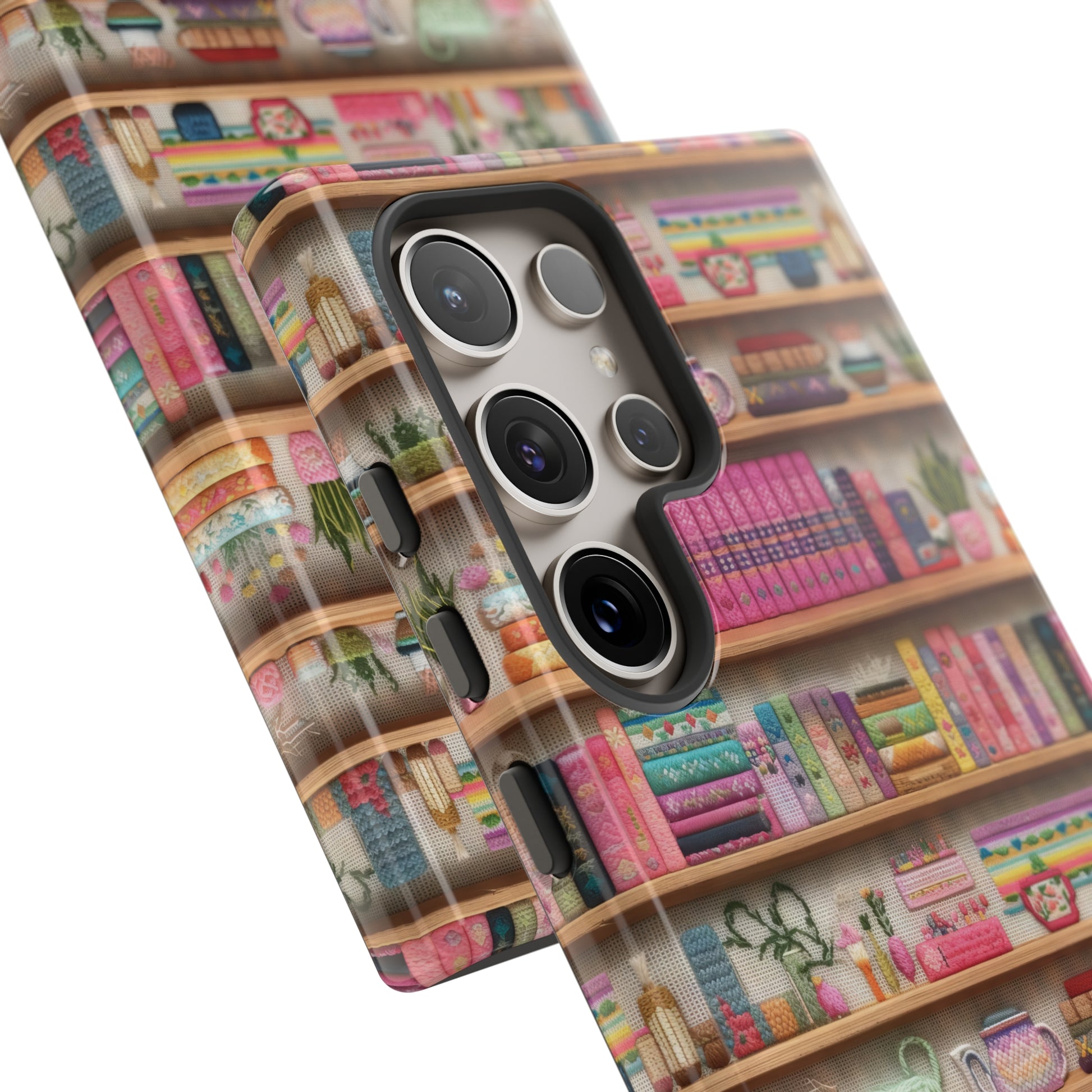Phone Case 3D Illusion Books & Shelf Embroidery Design with Vibrant Colors Gift for Her Phone 15, Samsung iPhone Samsung Gift for Her Case iPhone 15, Samsung iPhone Samsung Accessory Gift for Her.