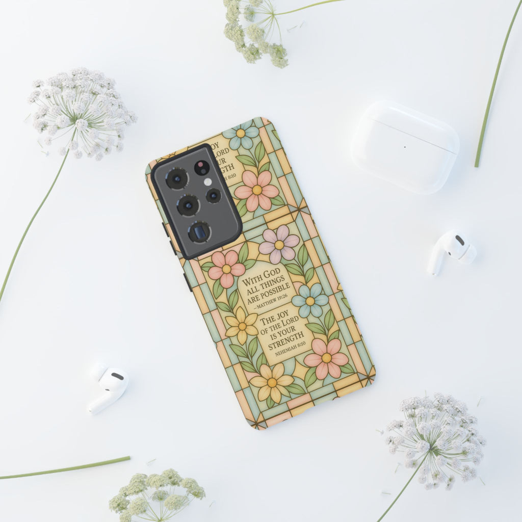Pastel Stained Glass Bible Verse Phone Case Christian Affirmation Cover, Soft Geometric Design, iPhone Samsung Google, Faith Gift for Her Bible Verse or Affirmation | Protective, Inspirational Gift for Christians