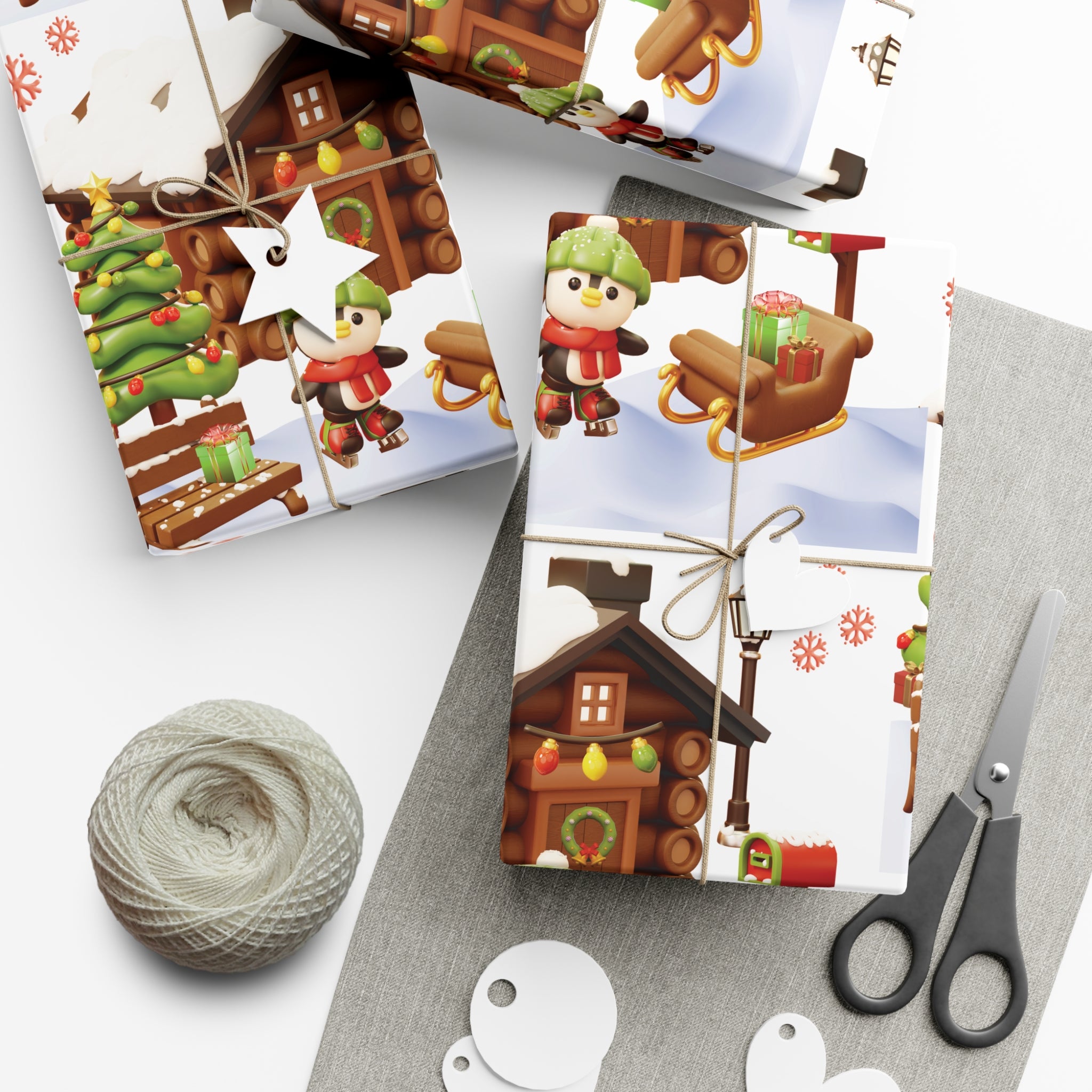3D Illusion Penguin Wrapping Paper Cute Winter Penguin & Snow Cabin Scene, Festive Christmas Gift Wrap, Holiday Present Paper in 3 SizesPerfect for Seasonal Gifting