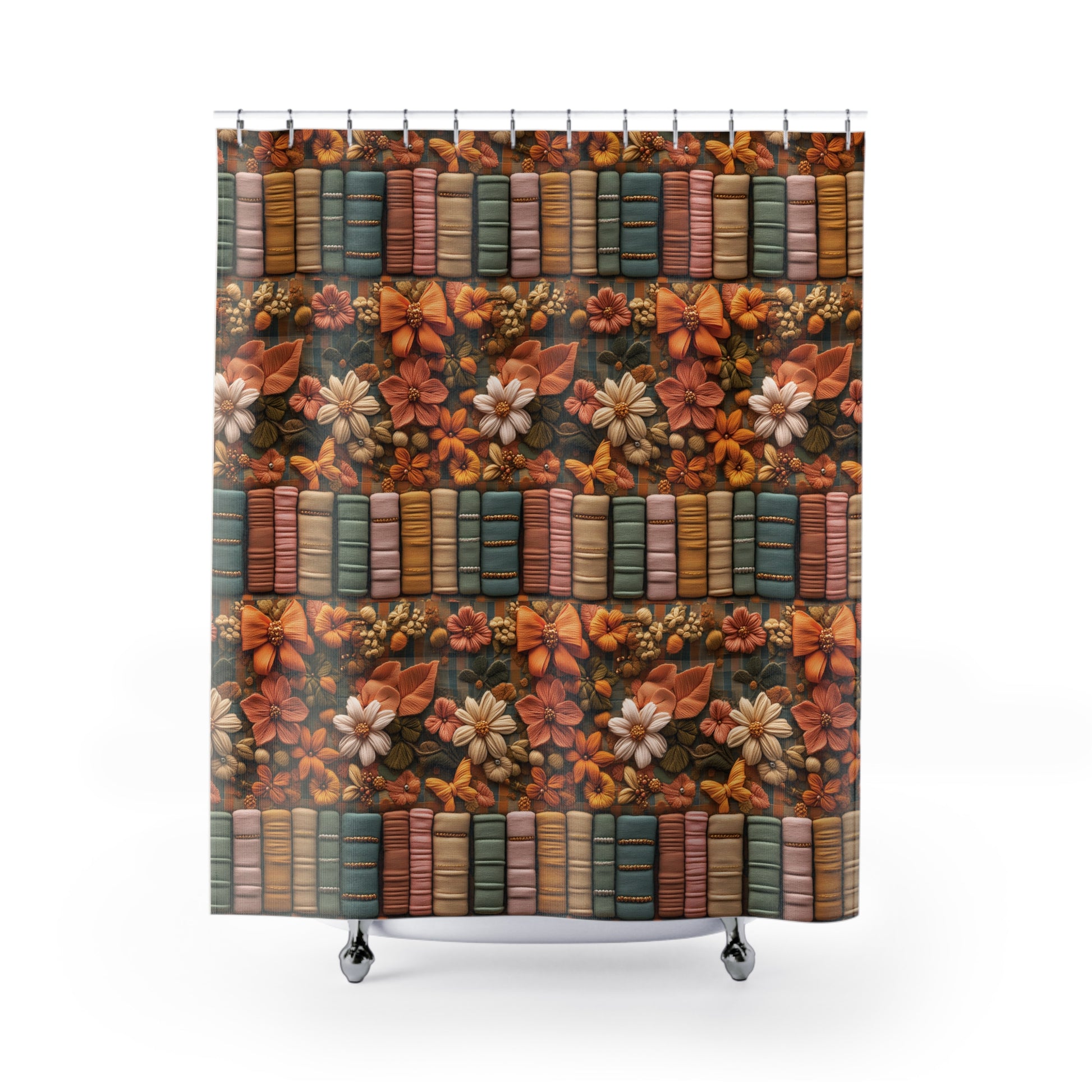 New House Boho Fall 3D Illusion Shower Curtain Books & Bows Design | Autumn Bathroom Decor for Cozy and Stylish Bathroom Spaces - MRSBYVALLE