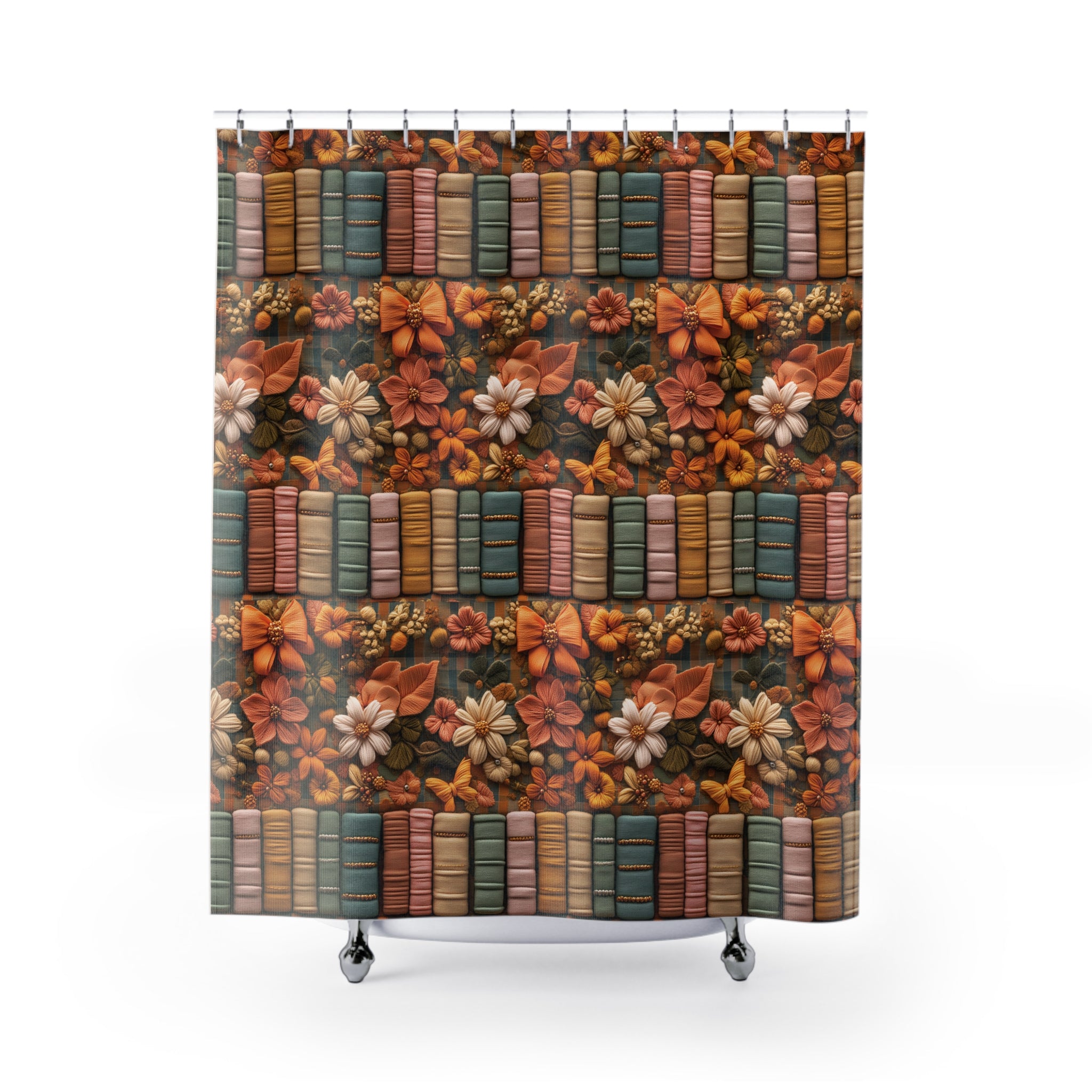 New House Boho Fall 3D Illusion Shower Curtain Books & Bows Design | Autumn Bathroom Decor for Cozy and Stylish Bathroom Spaces - MRSBYVALLE