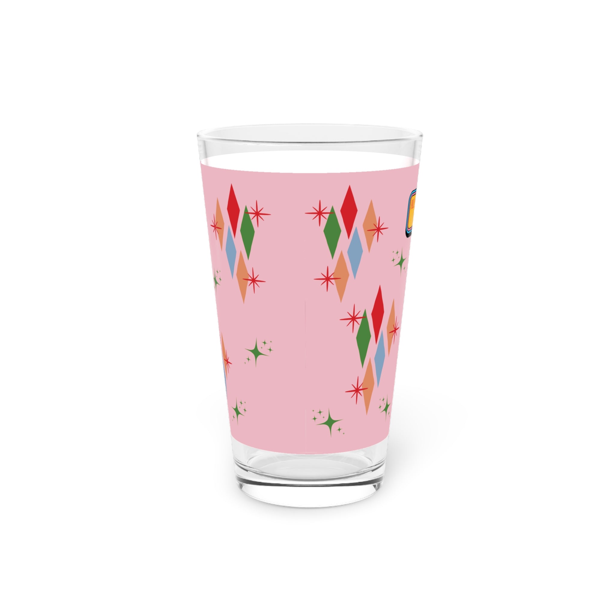 Pink Retro Vintage Franciscan Diamond Starburst Kitsch Christmas Art Pint Glass Housewarming, Wedding, Bridal Shower Glass, Mother's Day Party Drinkware, Housewarming Perfect Gift Party Drinkware, Cocktail, Wedding Perfect for Parties - MRSBYVALLE