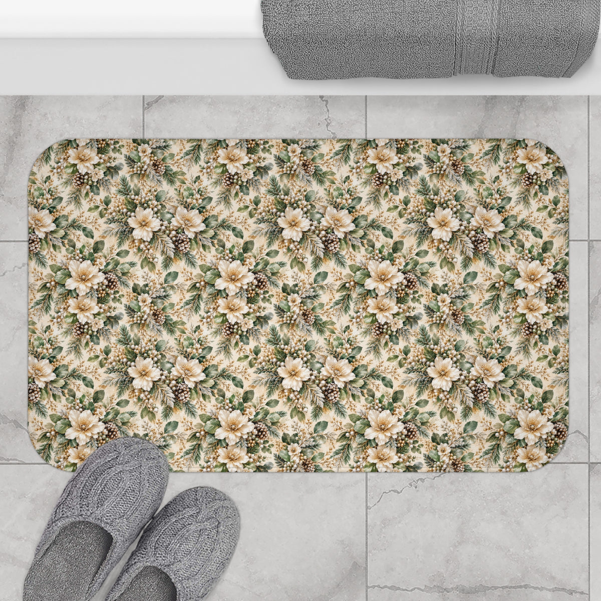 Sage Green & Champagne Floral Memory Foam Bath Mat