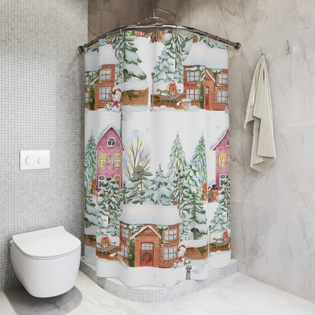 Watercolor Christmas Shower Curtain | Festive Holiday Bathroom Decor | Winter Wonderland Snowy Scene with Trees, Gifts Cozy Cheer Hooks Not Included