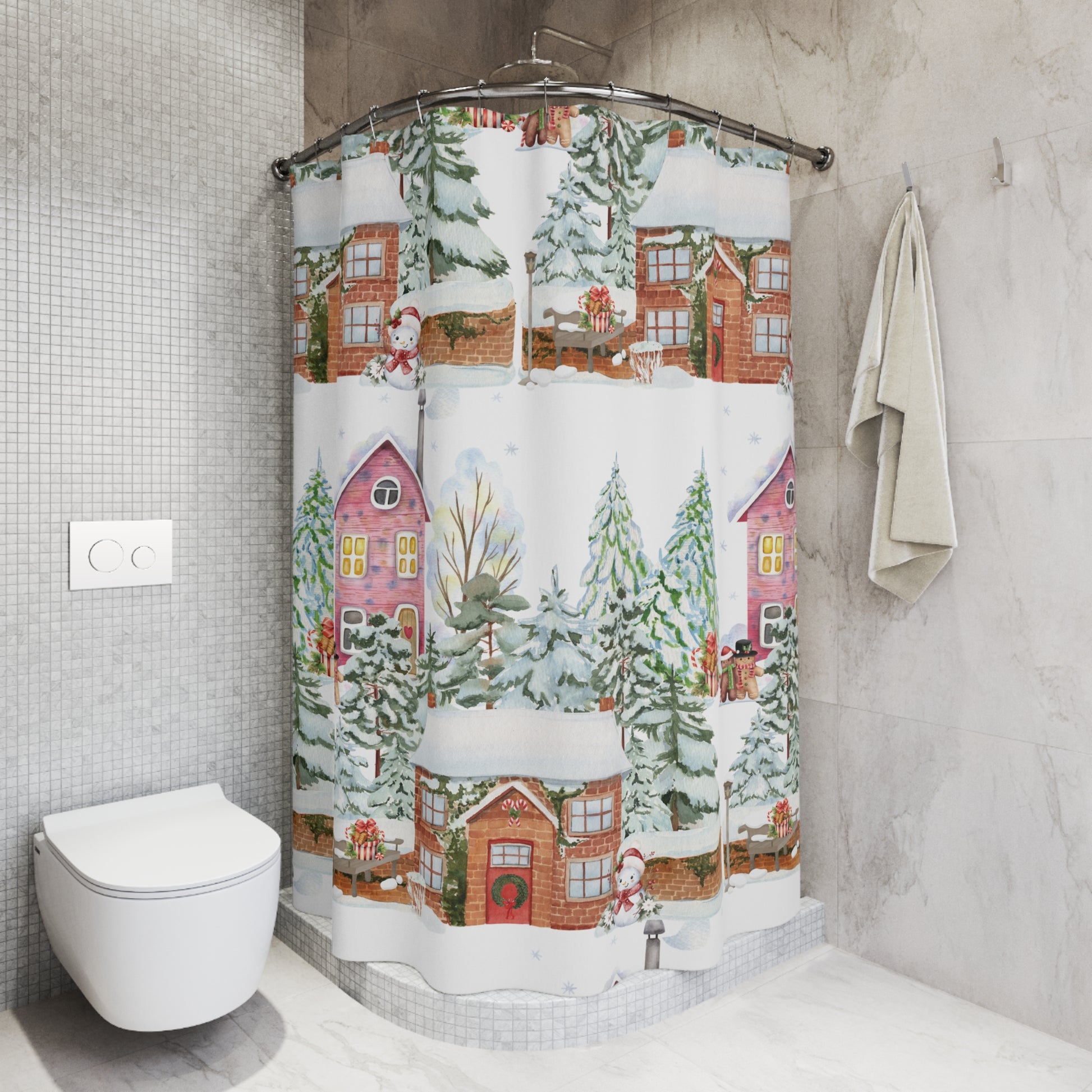 Watercolor Christmas Shower Curtain | Festive Holiday Bathroom Decor | Winter Wonderland Snowy Scene with Trees, Gifts Cozy Cheer Hooks Not Included