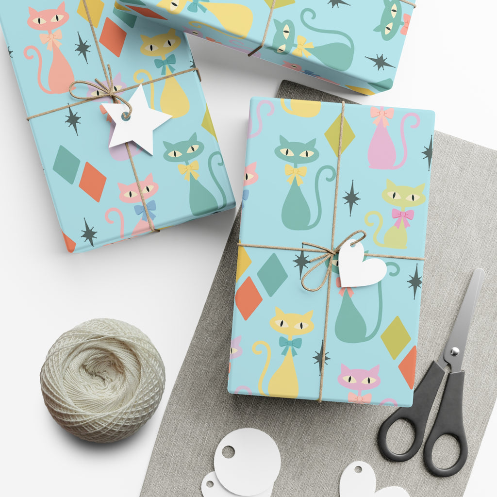 Papier cadeau chat atomique, papier cadeau rétro, motif chaton pastel du milieu du siècle, fêtes vintage 30x20, 30x72, 30x144 Parfait pour toutes les occasions