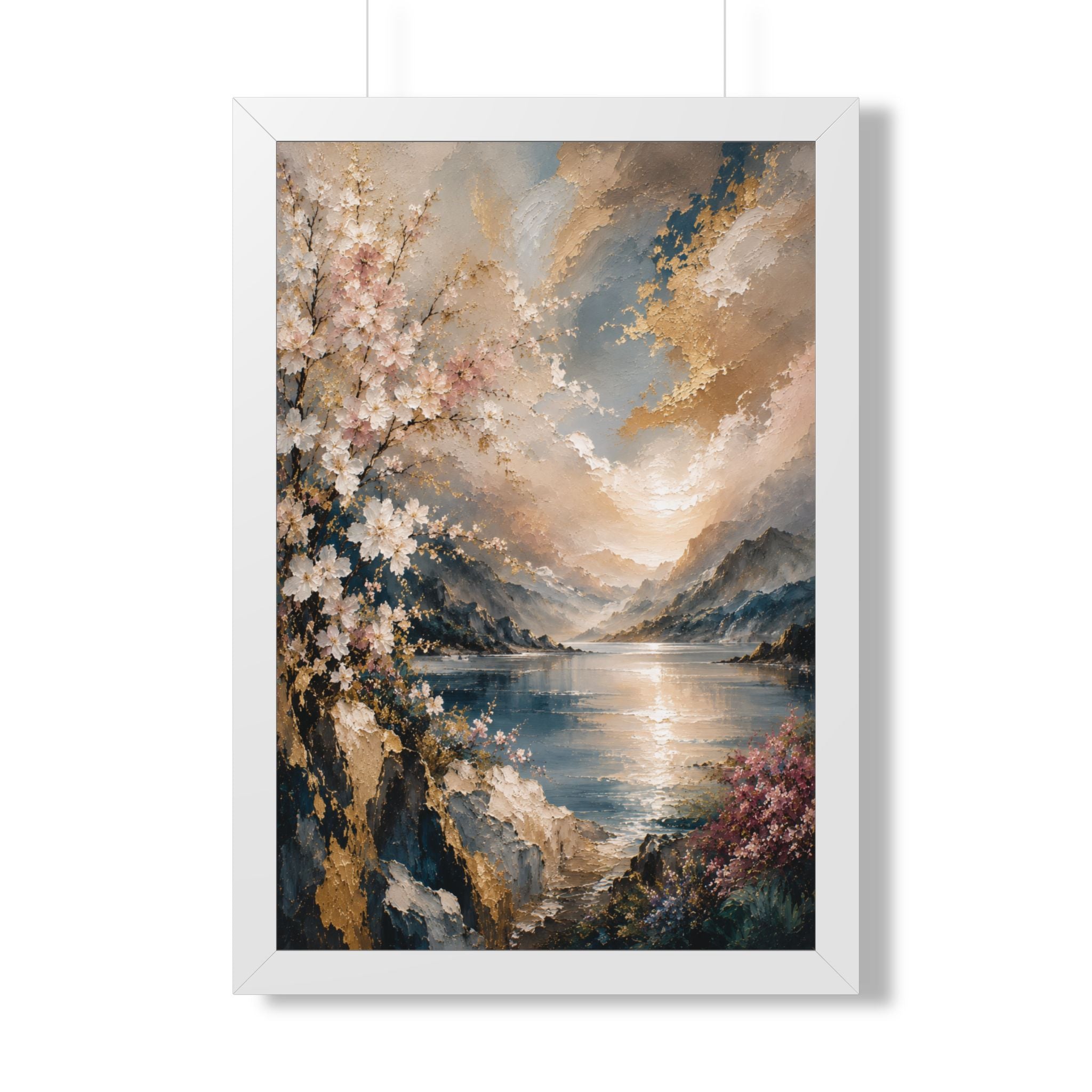 Sunlit Mountain Lake framed vertical poster | floral shoreline landscape