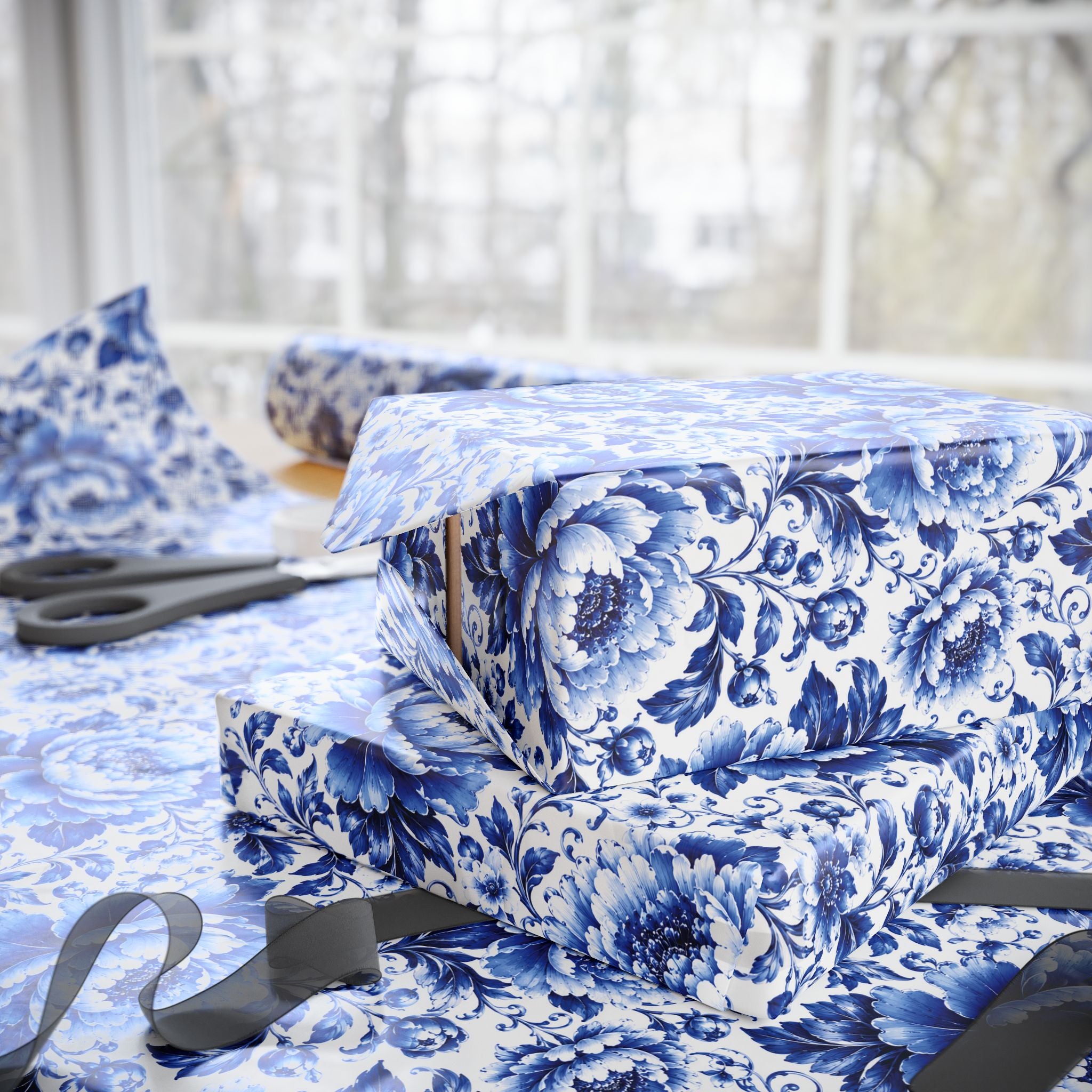 Blue & White Chinoiserie Peony Floral Luxury Gift Wrapping Paper Elegant Gift Wrap for Weddings & Holidays