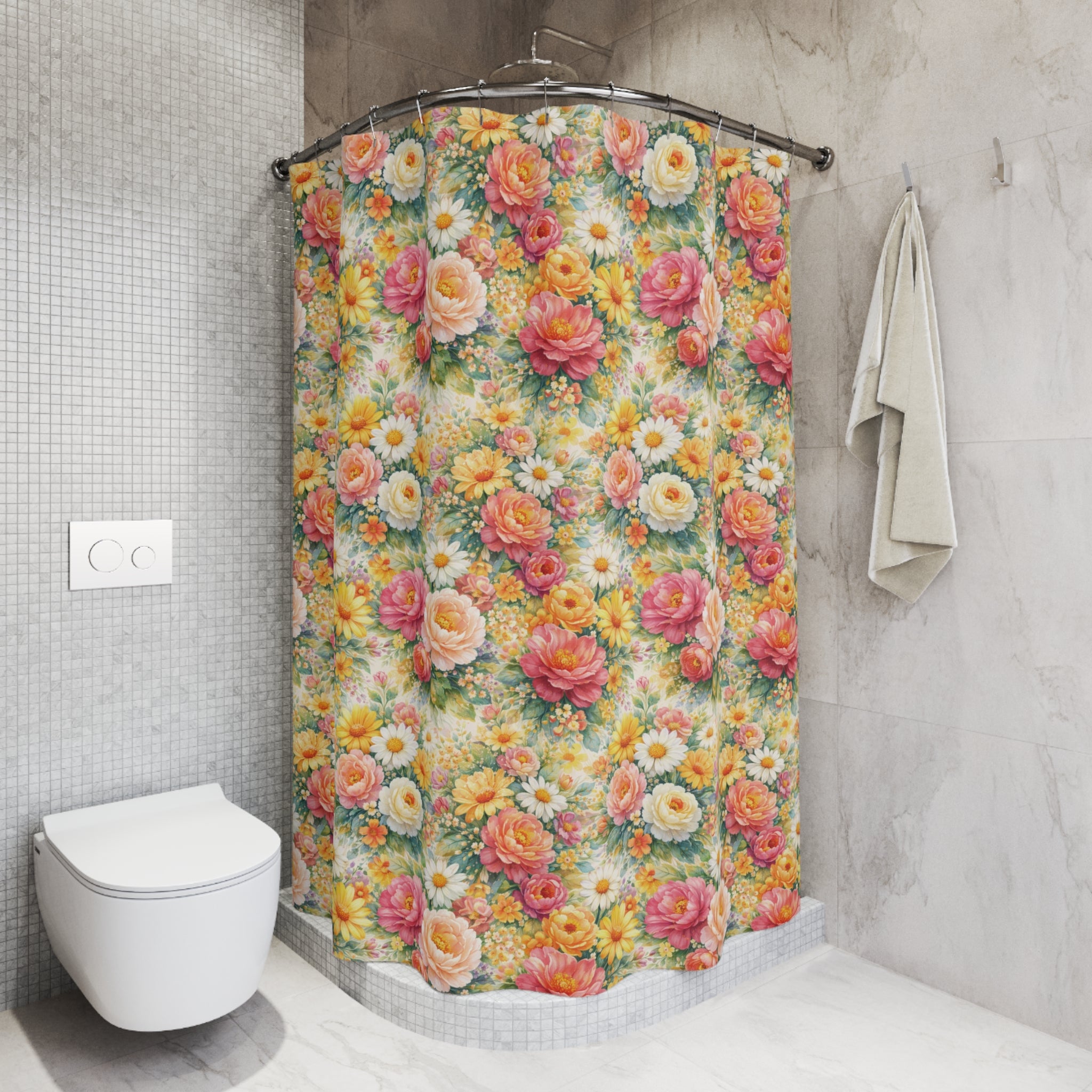 Pink and Yellow Floral Shower Curtain, Floral Bathroom Decor, Botanical Cottage Style, Nature Lover Gift, Bohemian
