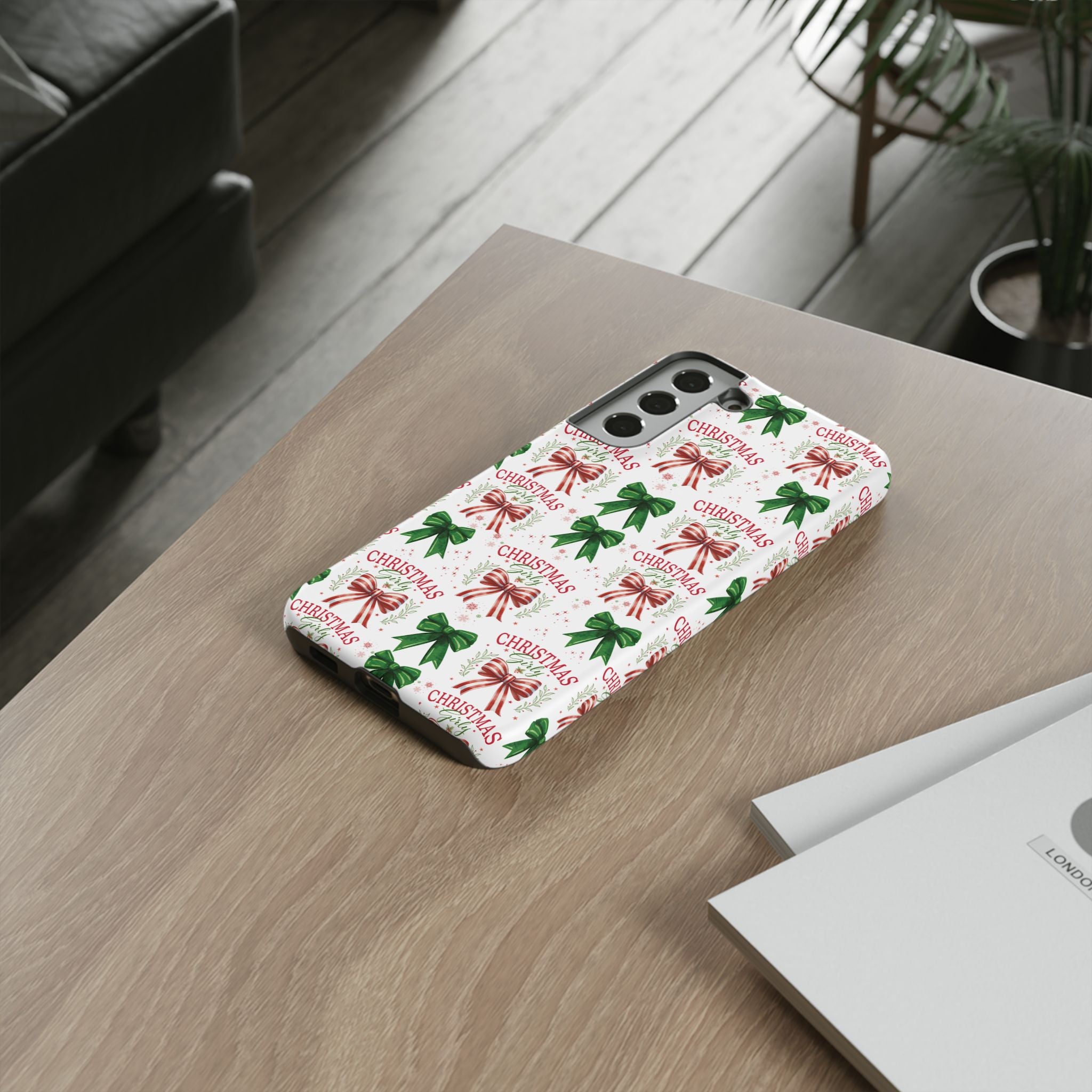 Girly Christmas Coquette Bows Pastel Phone Case for iPhone 17 16 15 23 Samsung, and Pixel | Stylish Protective Cover Gift for Her Perfect for Floral Lover