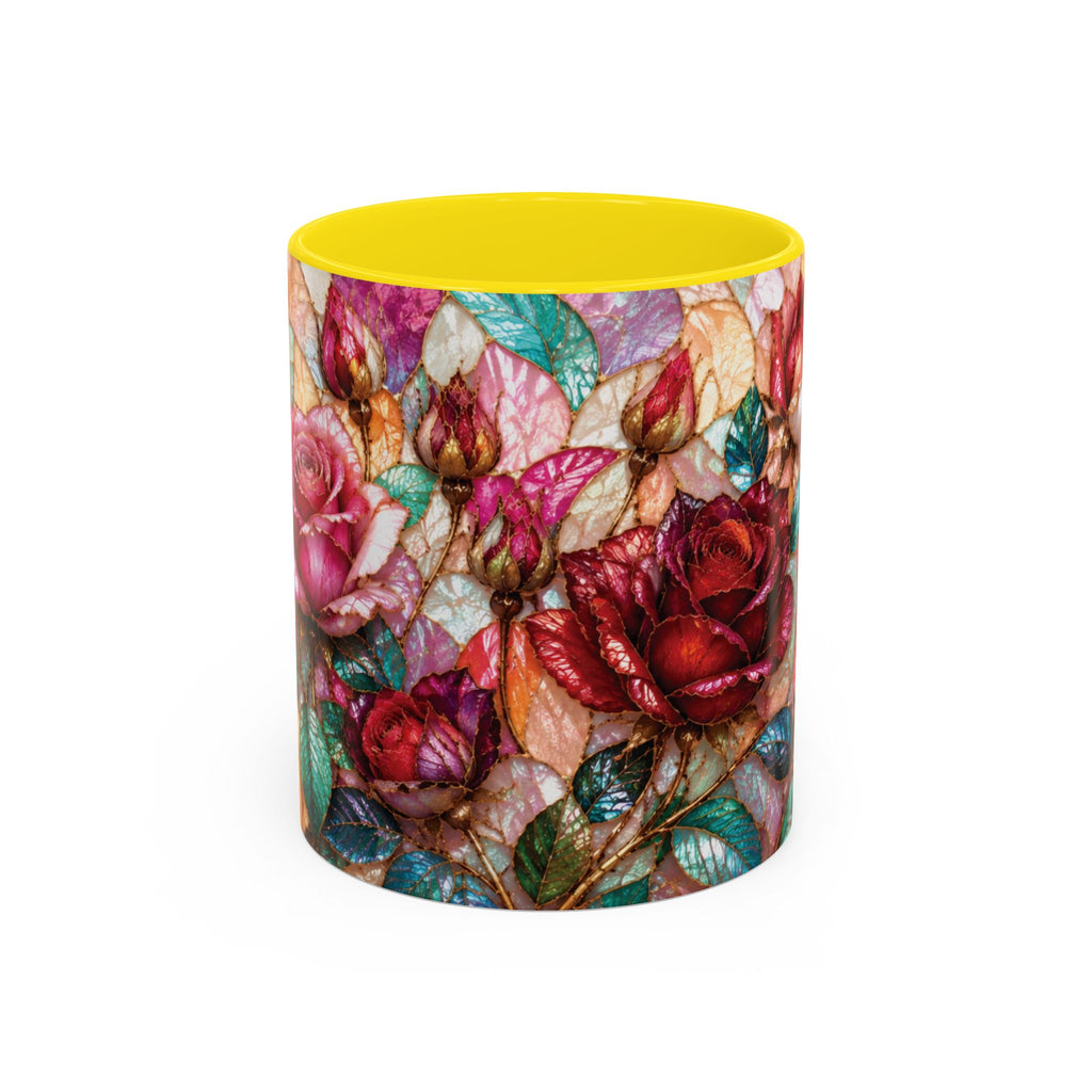 Floral Stained-Glass Accent Coffee Mug Colorful Rose Pattern