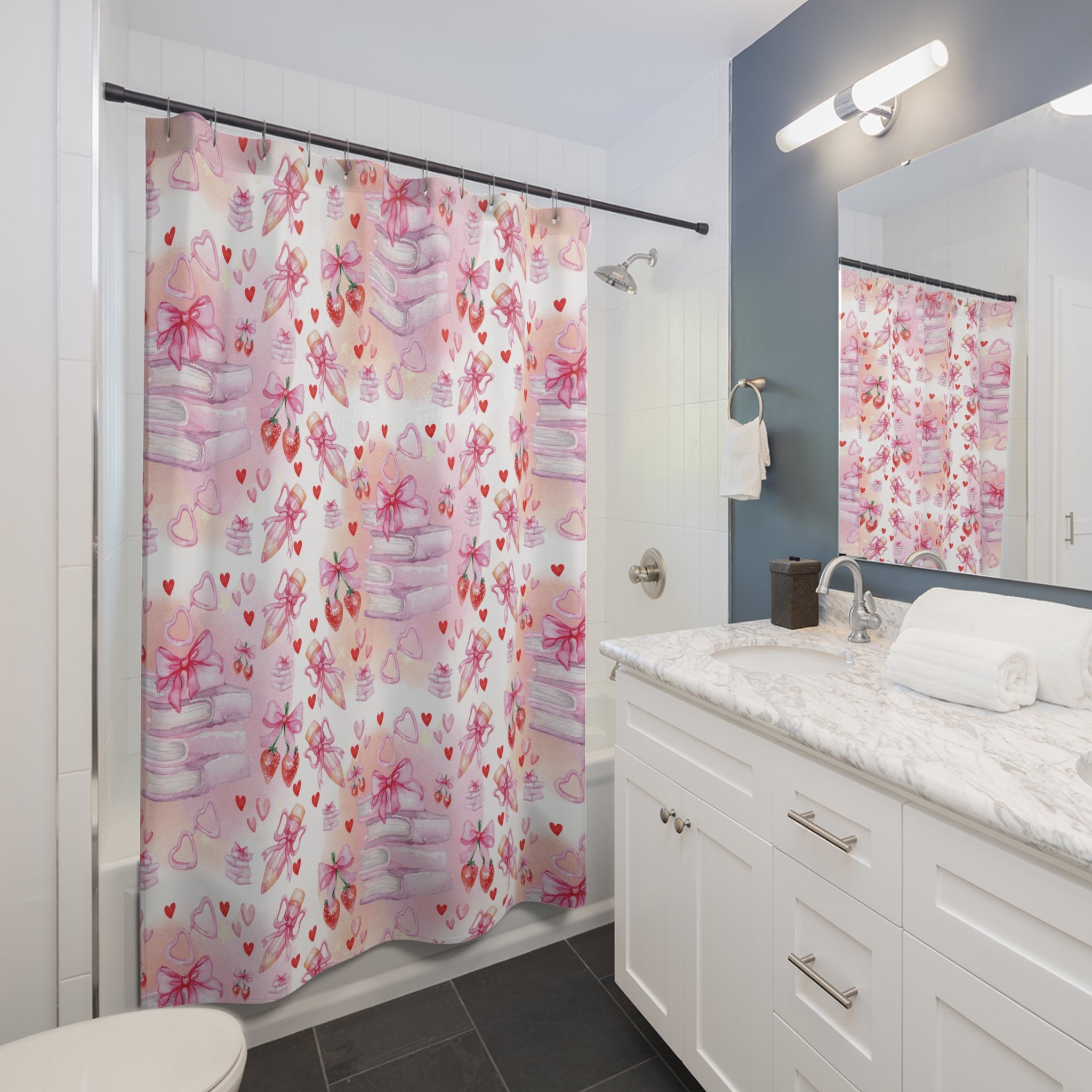 Romantic Pink Books and Bows Shower Curtain | Literary Bedroom Decor