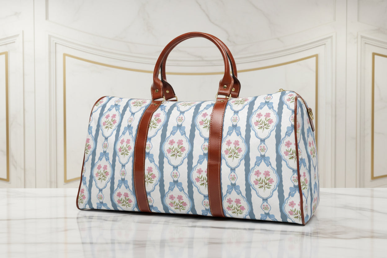 Patterned handbag with brown handle on a white background