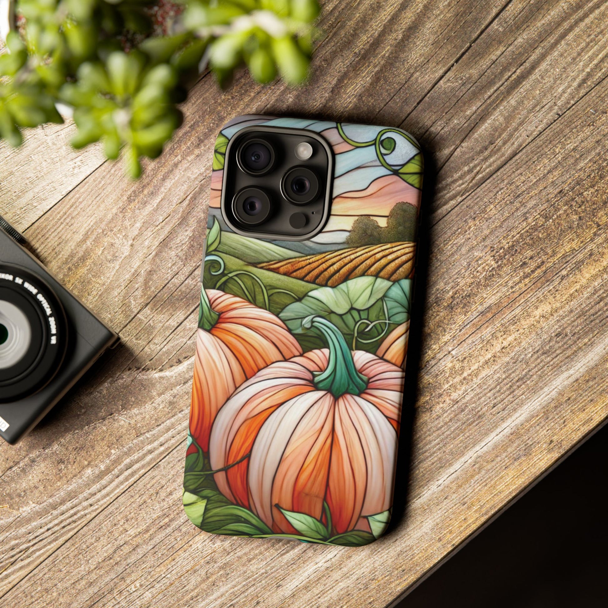 Pumpkins Phone Case Fall Faux Stained-Glass Thanksgiving Cover Pumpkin Lovers Gift for Galaxy S 24 23 22 21 Pixel 5 6 7 8 iPhone 17 , 16 15 14 13 12 Samsung iPhone Samsung Gift for Her